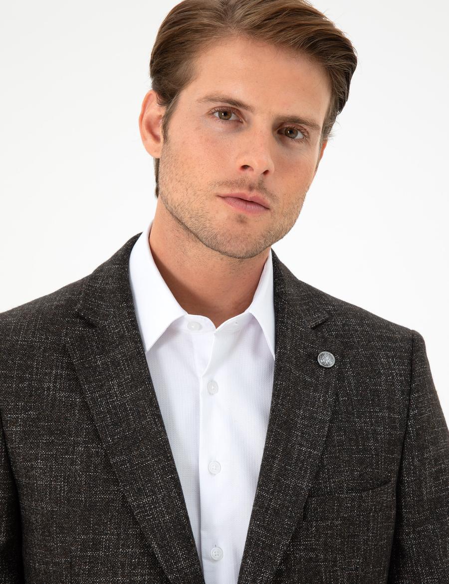 Kahverengi Yün Karışımlı Ex. Slim Fit Ceket