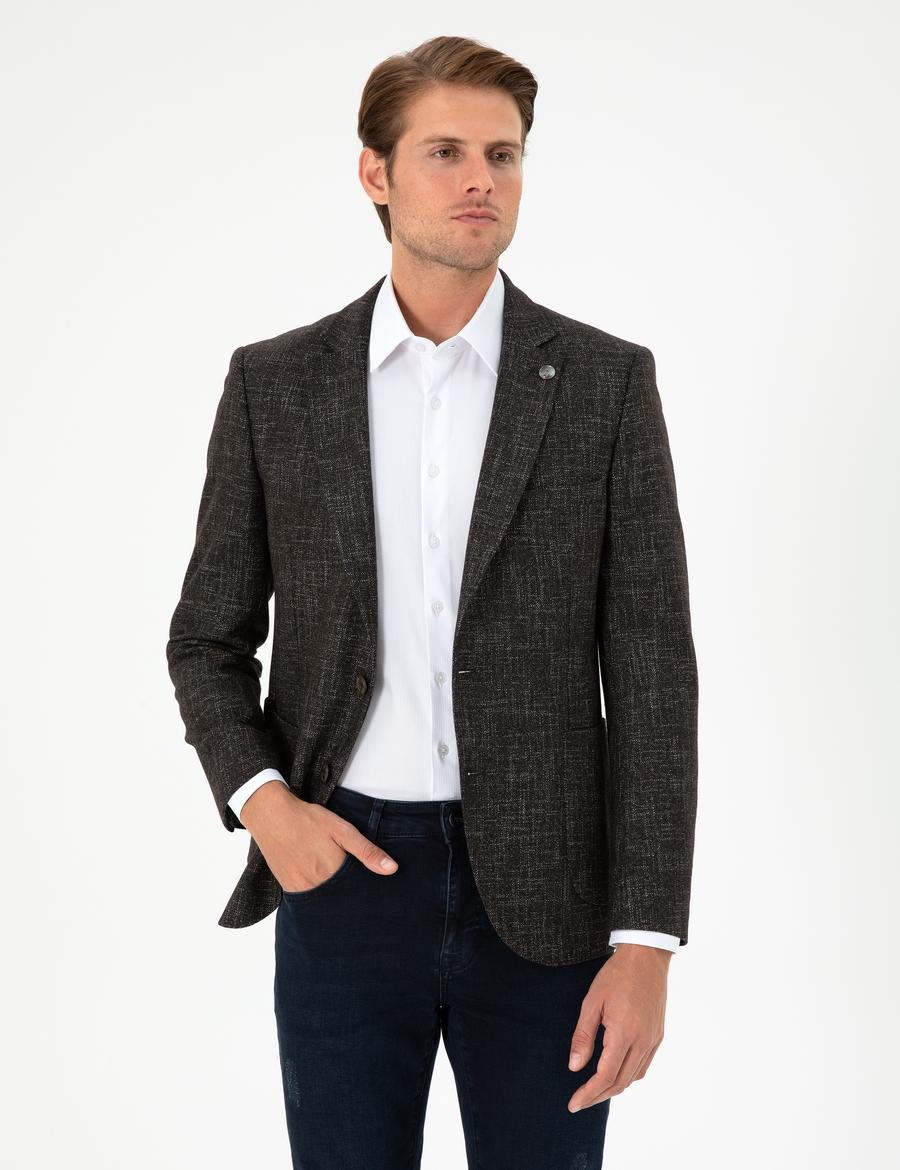 Kahverengi Yün Karışımlı Ex. Slim Fit Ceket