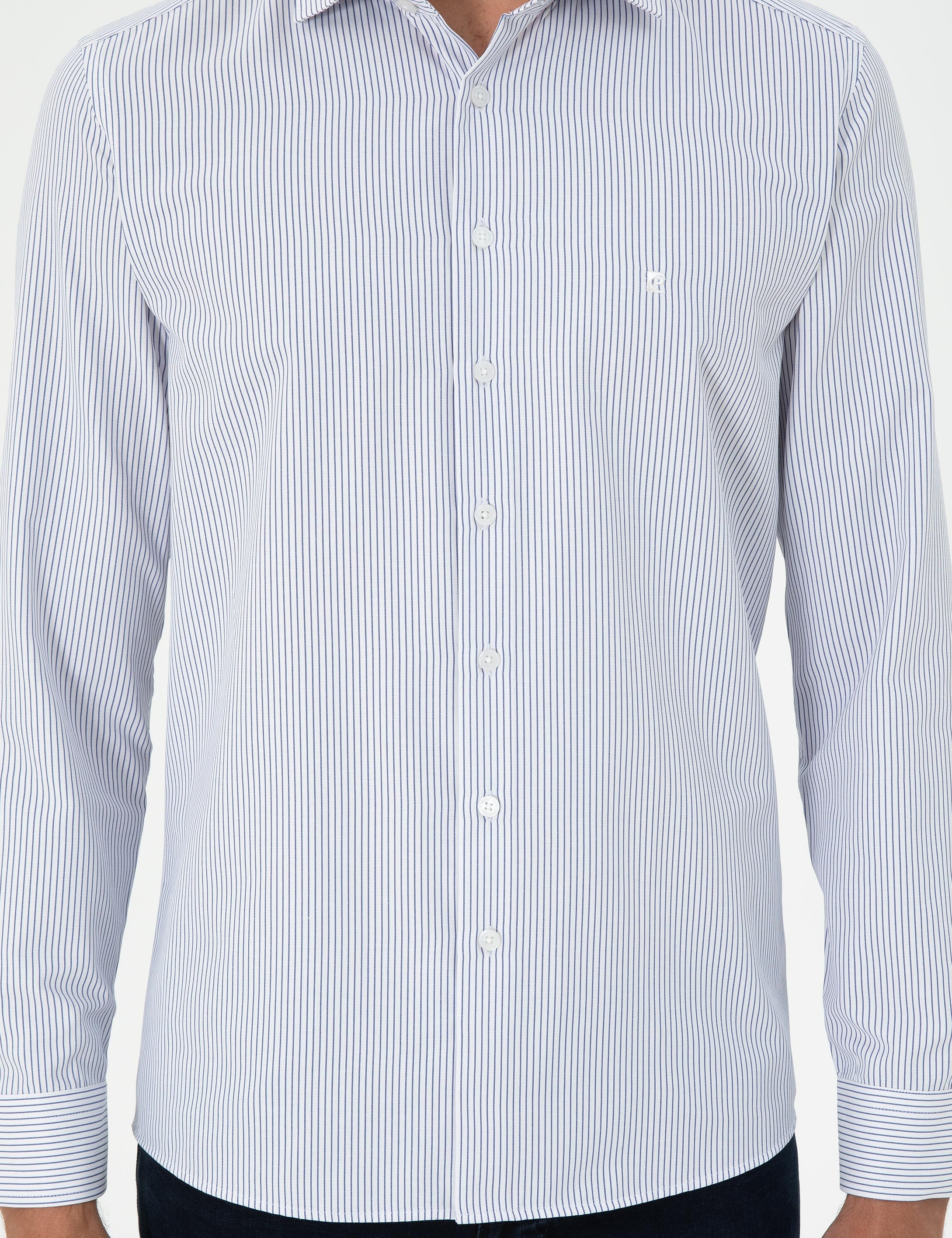 Açık Mavi Çizgili Slim Fit Uzun Kollu Gömlek