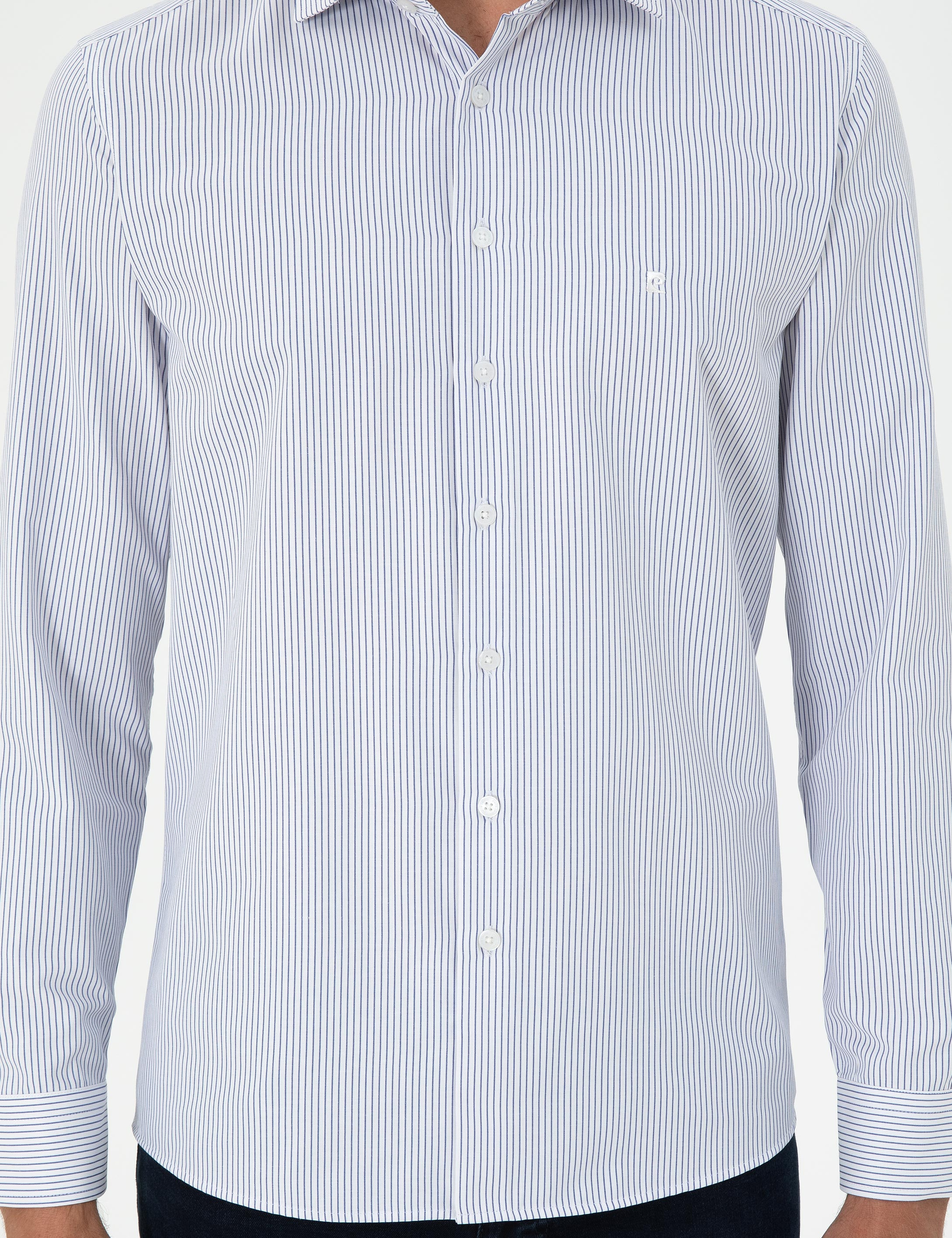 Açık Mavi Çizgili Slim Fit Uzun Kollu Gömlek - Image 6