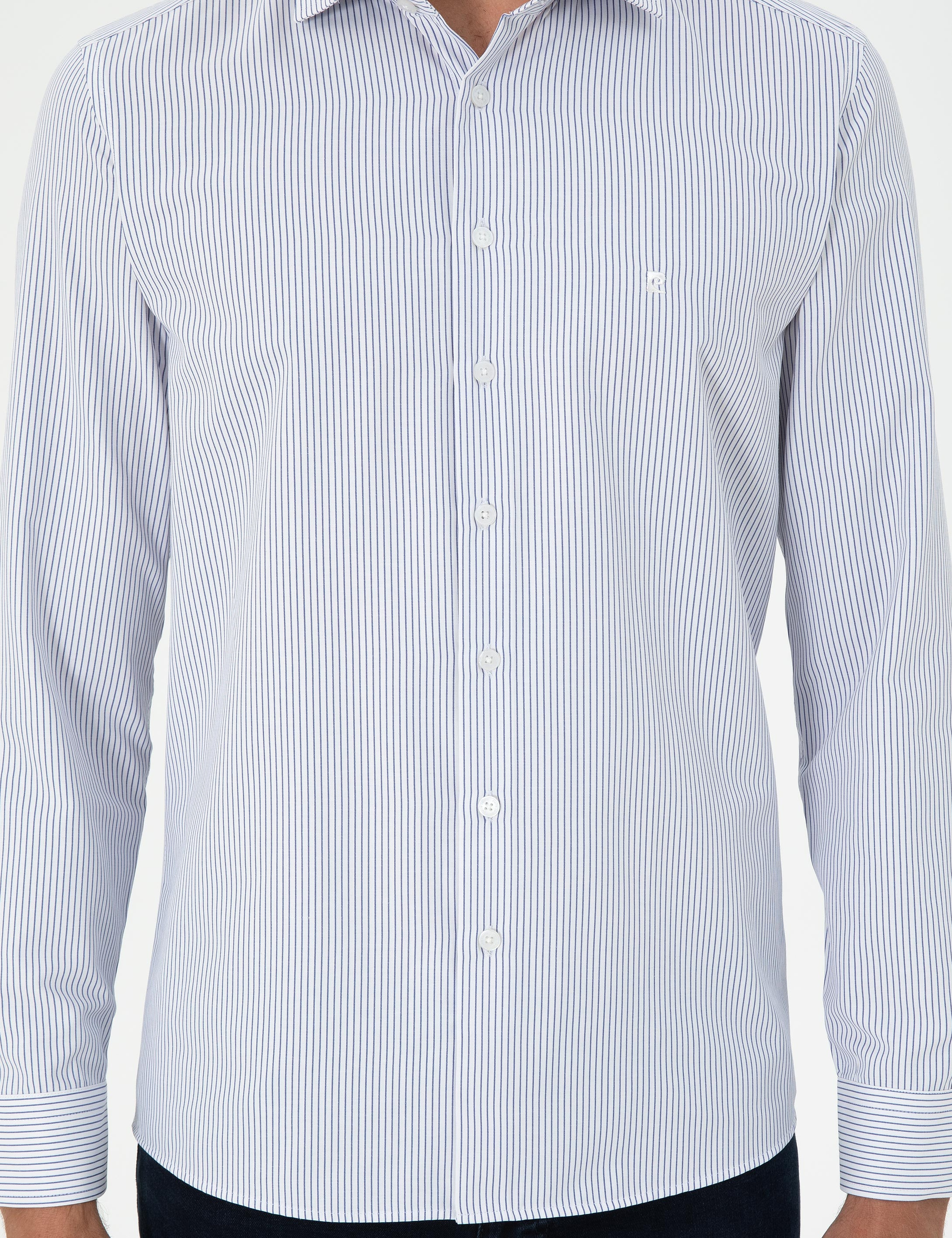 Açık Mavi Çizgili Slim Fit Uzun Kollu Gömlek
