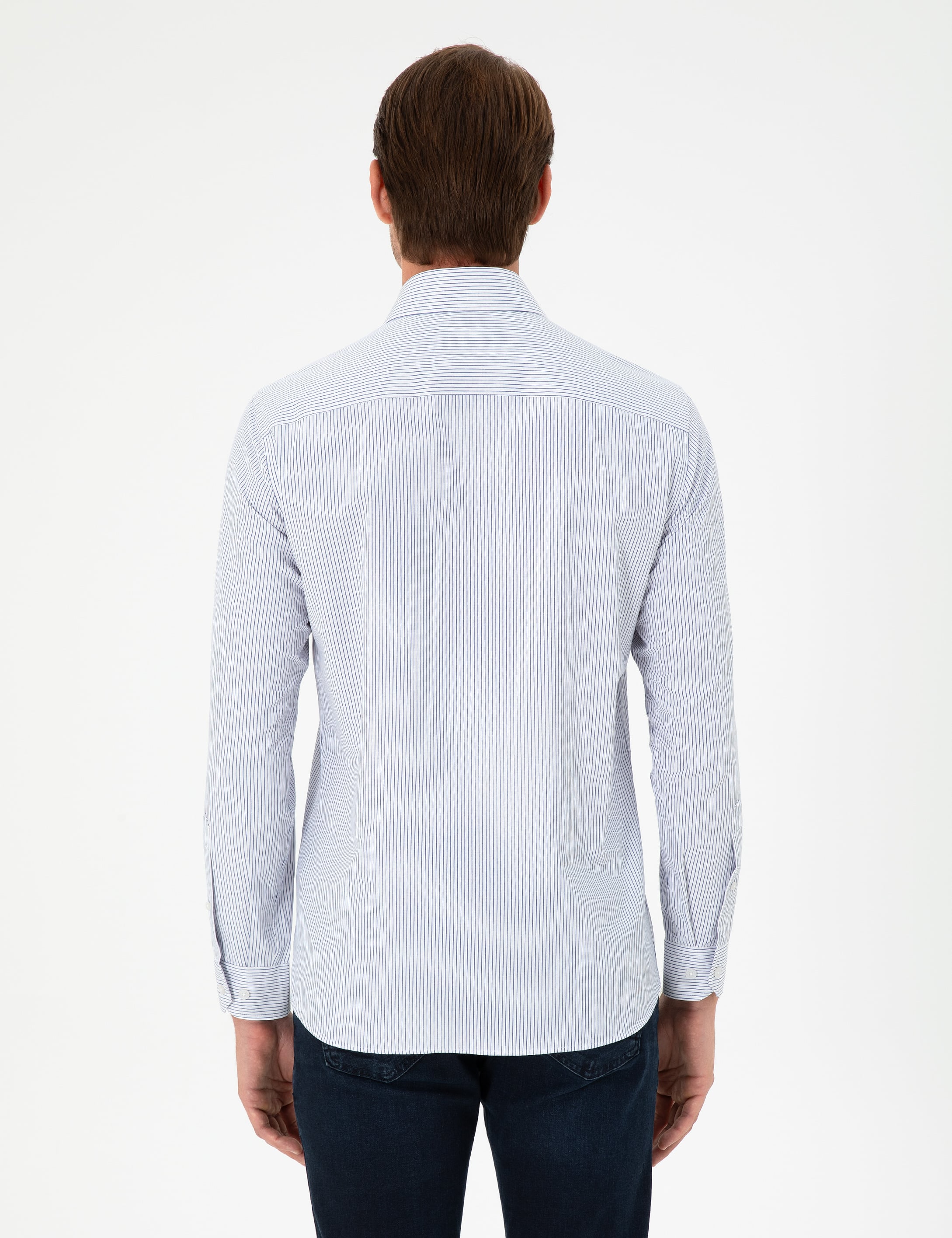 Açık Mavi Çizgili Slim Fit Uzun Kollu Gömlek