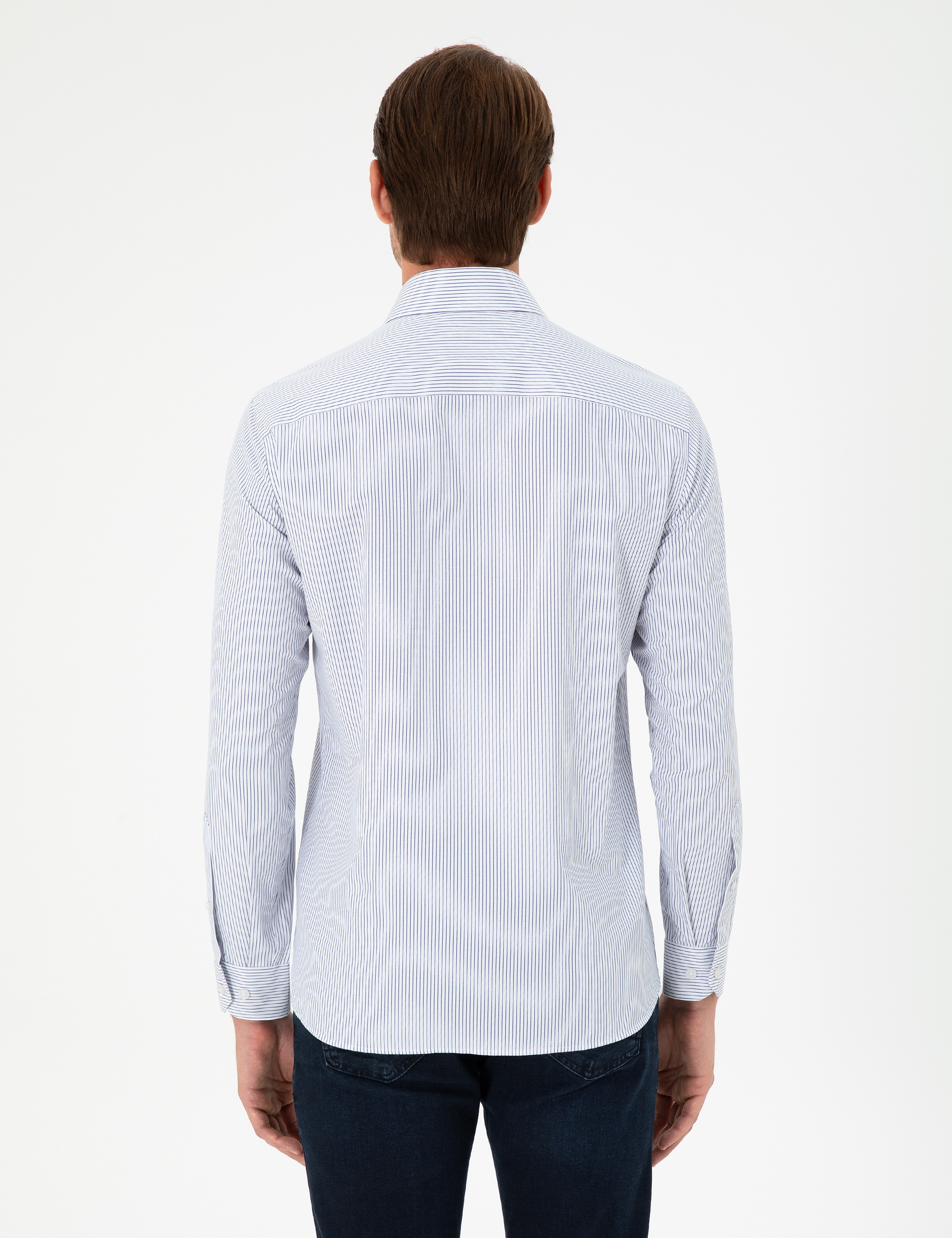 Açık Mavi Çizgili Slim Fit Uzun Kollu Gömlek - Image 5