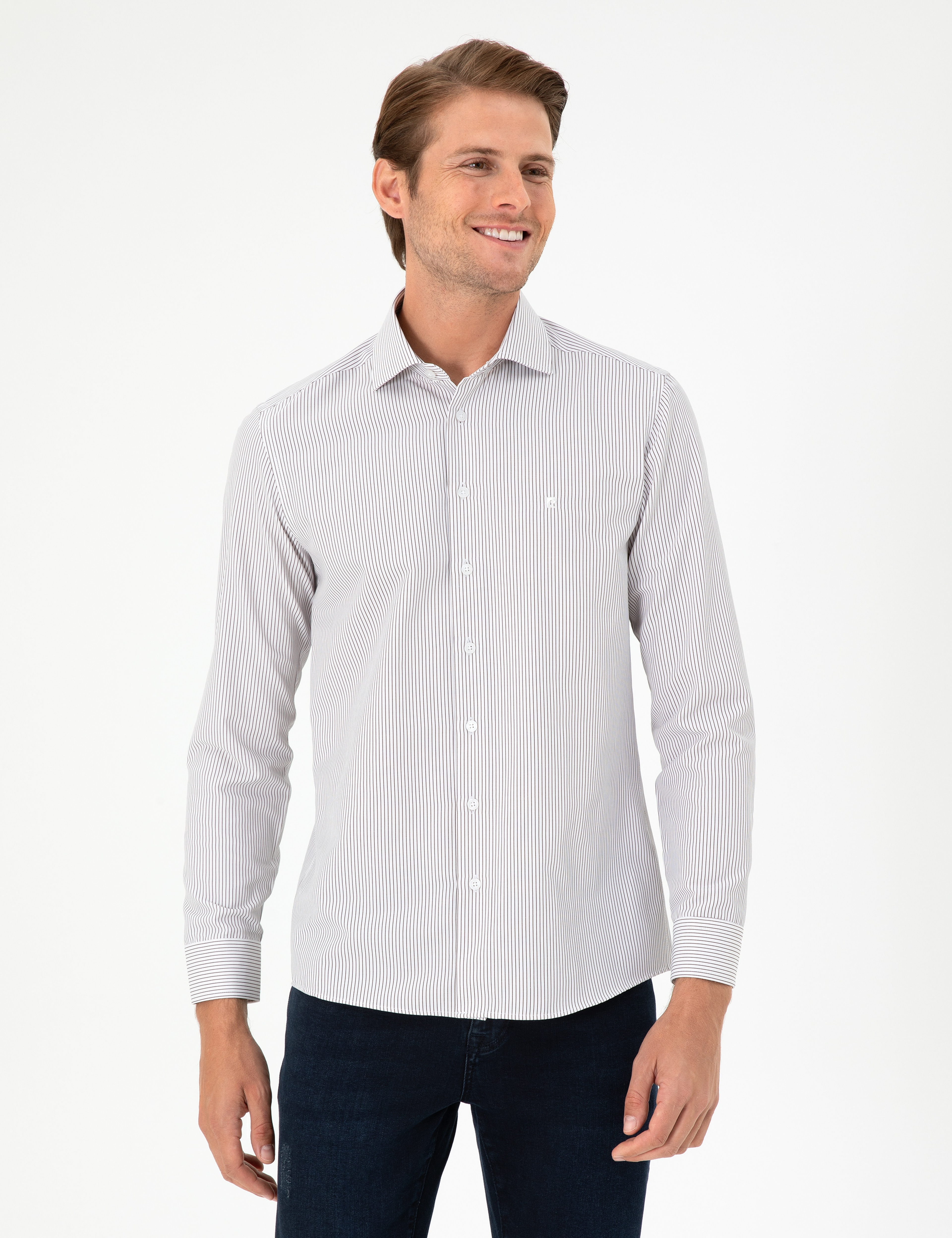 Kahverengi Çizgili Slim Fit Uzun Kollu Gömlek - Image 1