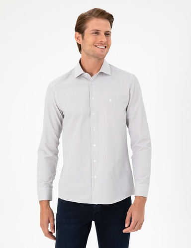 Kahverengi Çizgili Slim Fit Uzun Kollu Gömlek