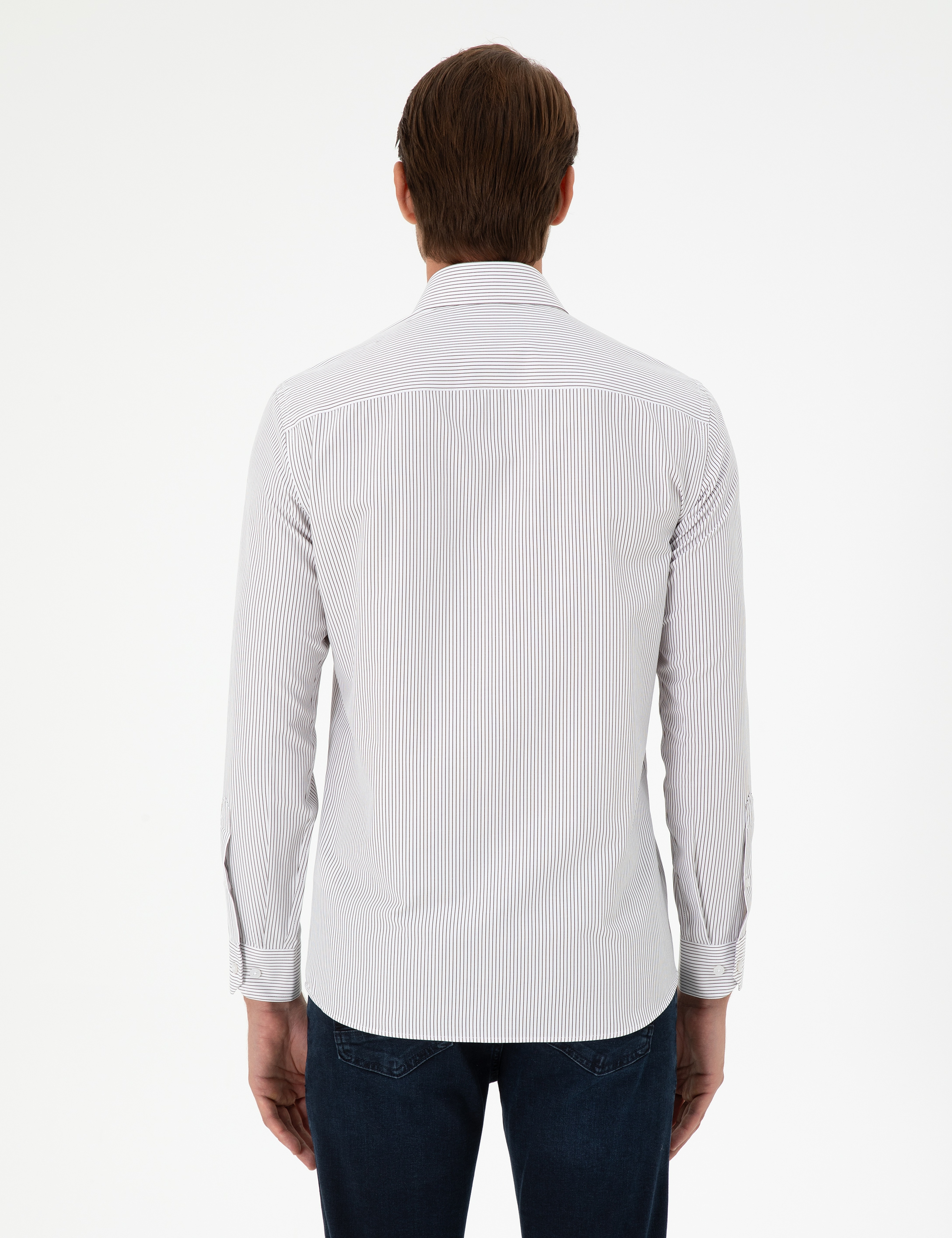 Kahverengi Çizgili Slim Fit Uzun Kollu Gömlek