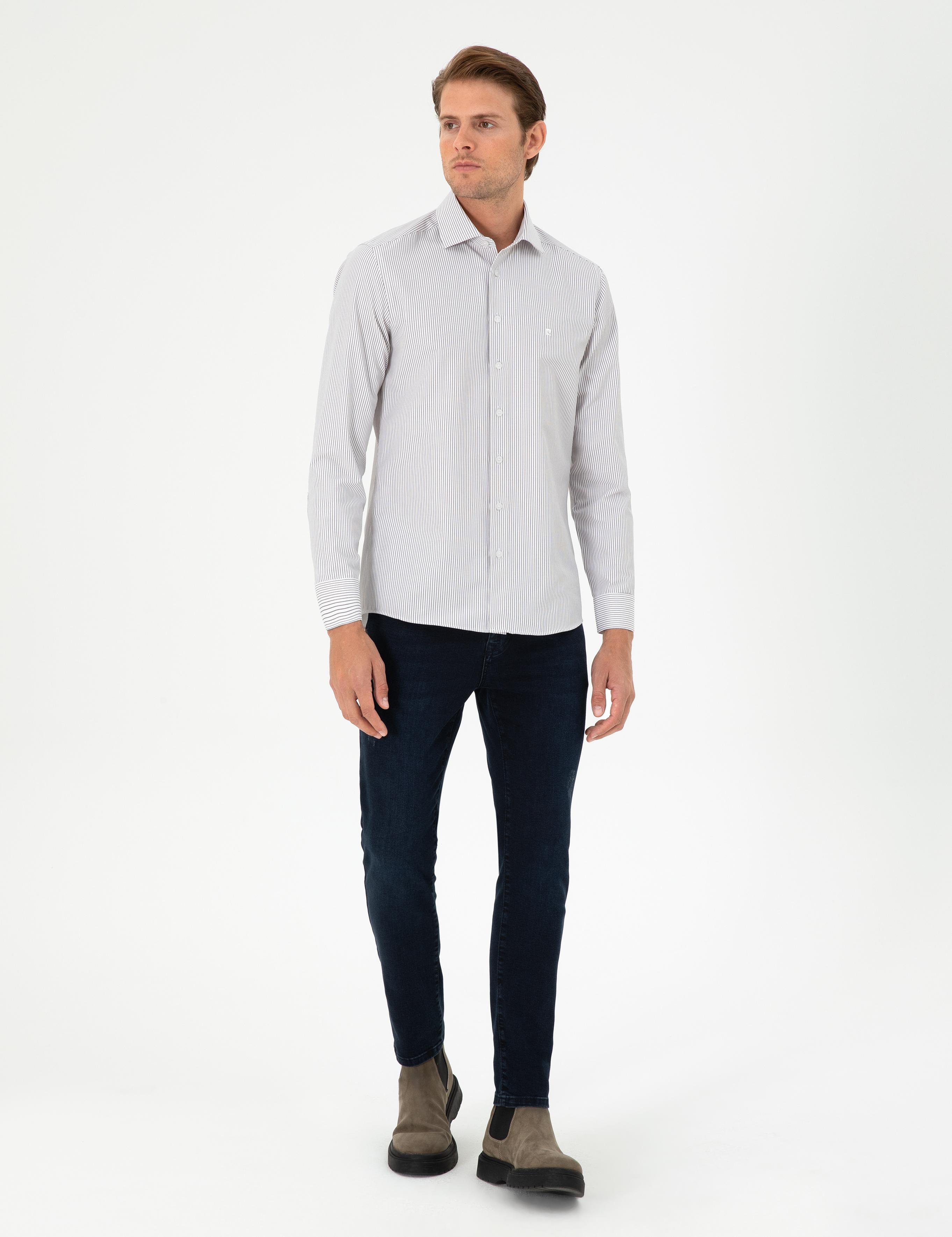 Kahverengi Çizgili Slim Fit Uzun Kollu Gömlek