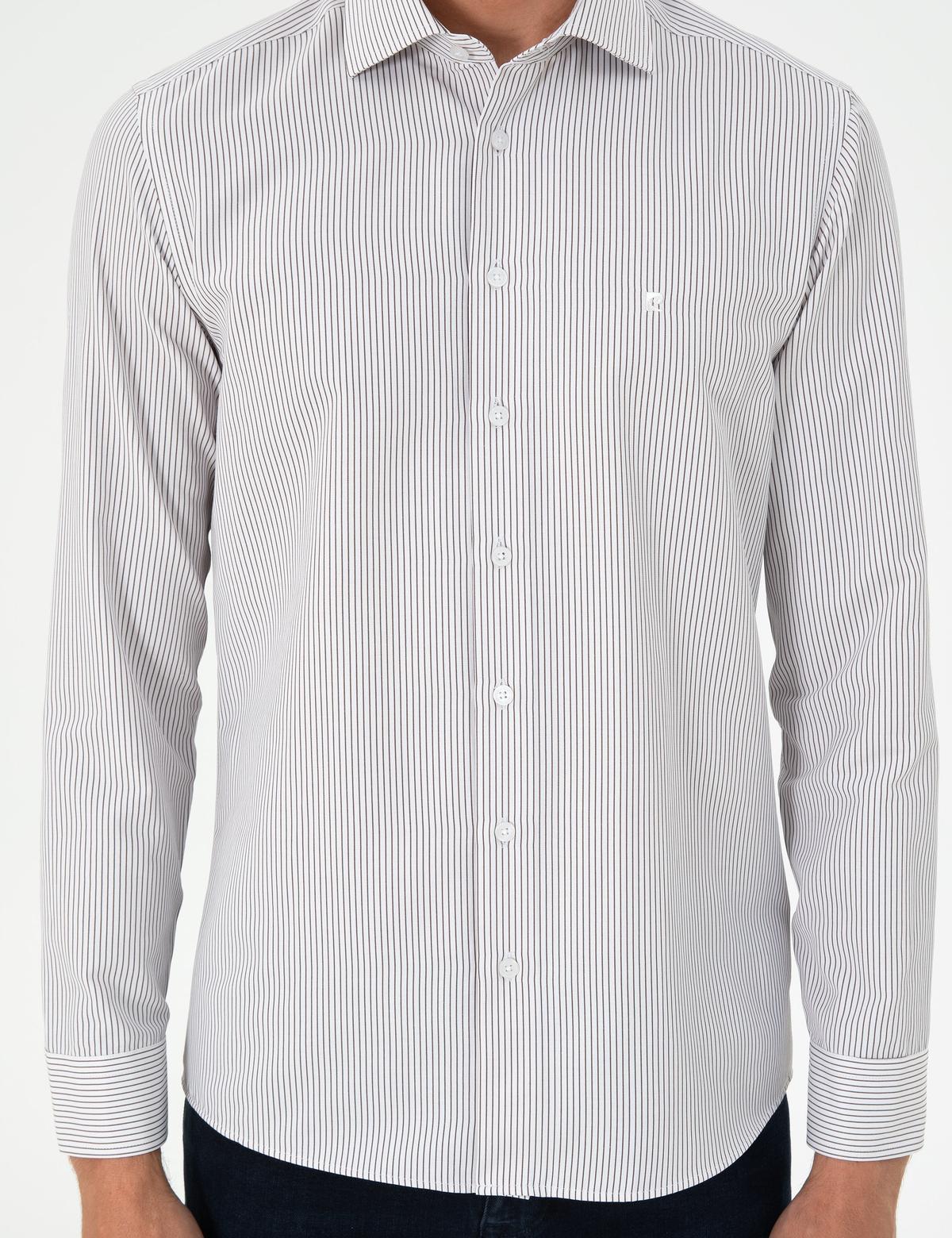 Kahverengi Çizgili Slim Fit Uzun Kollu Gömlek - 50294159033