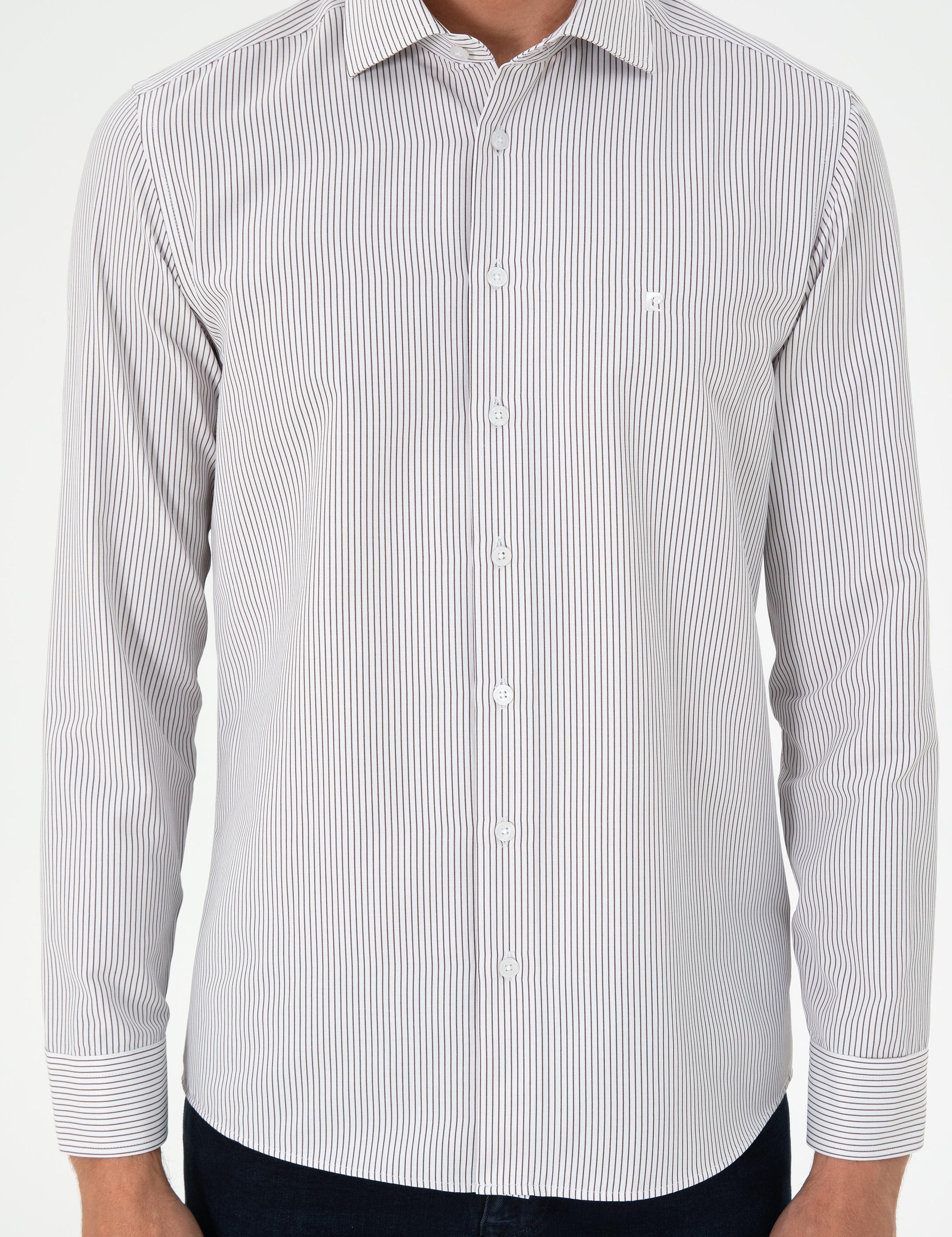 Kahverengi Çizgili Slim Fit Uzun Kollu Gömlek
