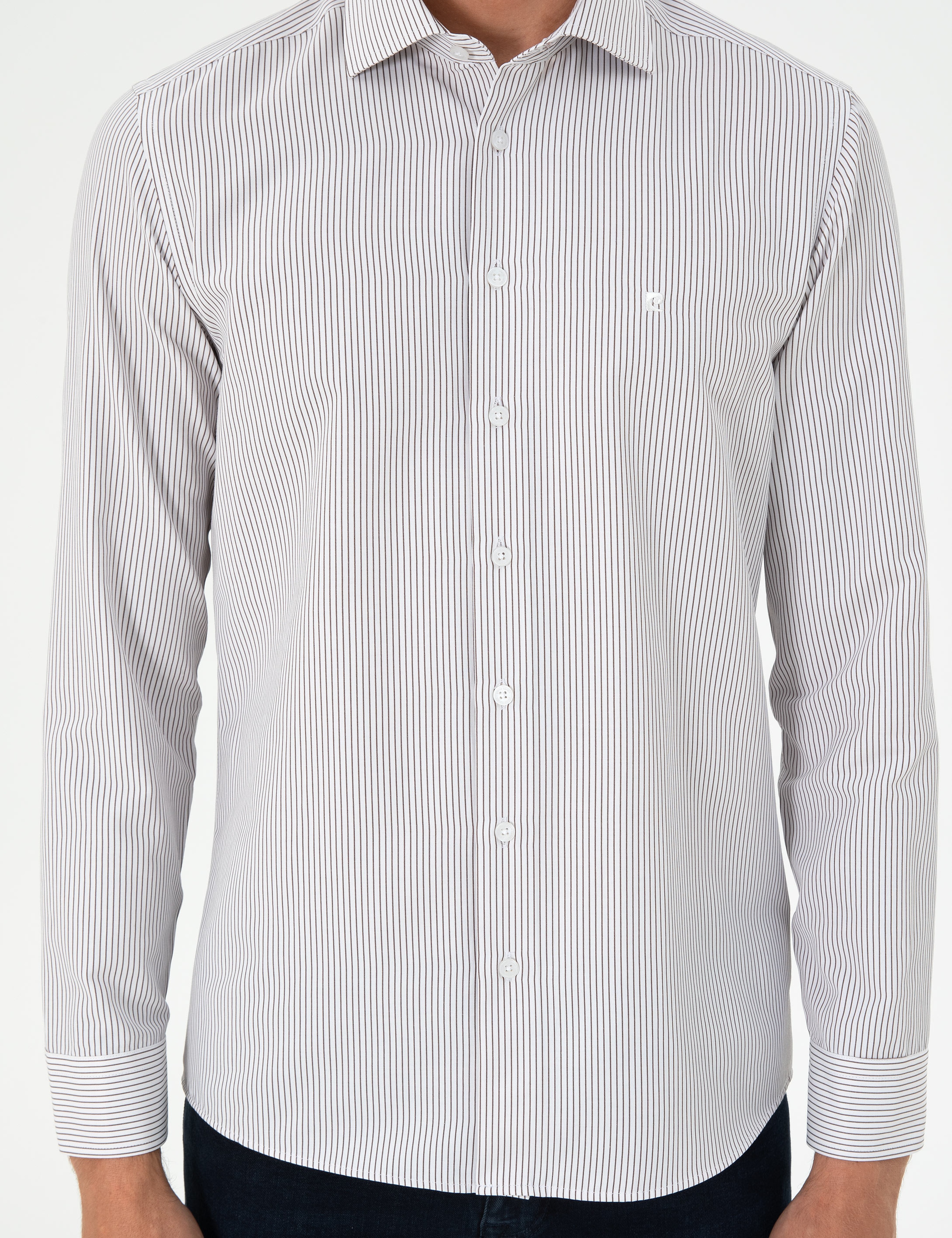 Kahverengi Çizgili Slim Fit Uzun Kollu Gömlek - Image 6