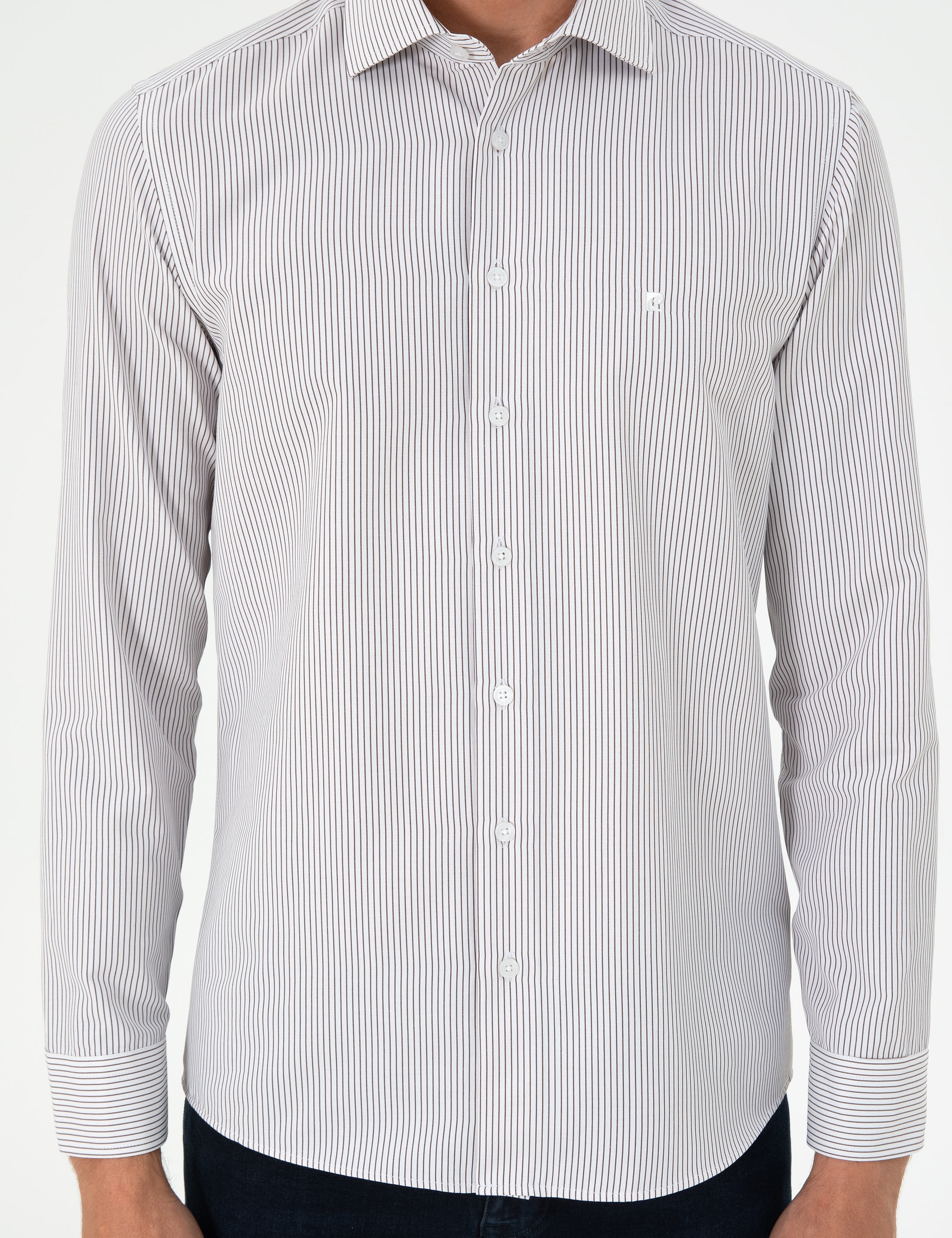 Kahverengi Çizgili Slim Fit Uzun Kollu Gömlek