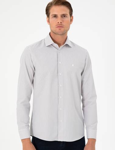 Kahverengi Çizgili Slim Fit Uzun Kollu Gömlek