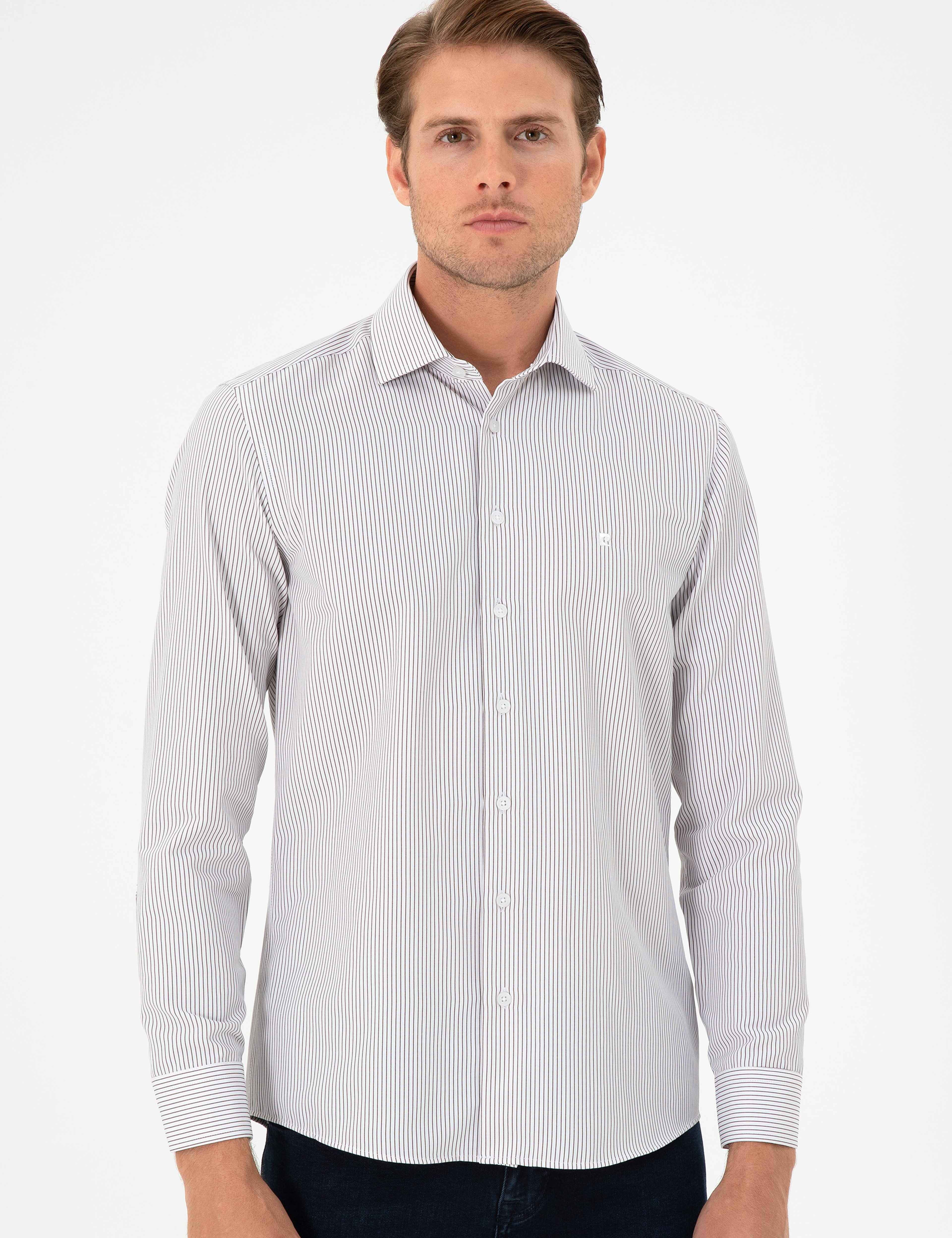 Kahverengi Çizgili Slim Fit Uzun Kollu Gömlek