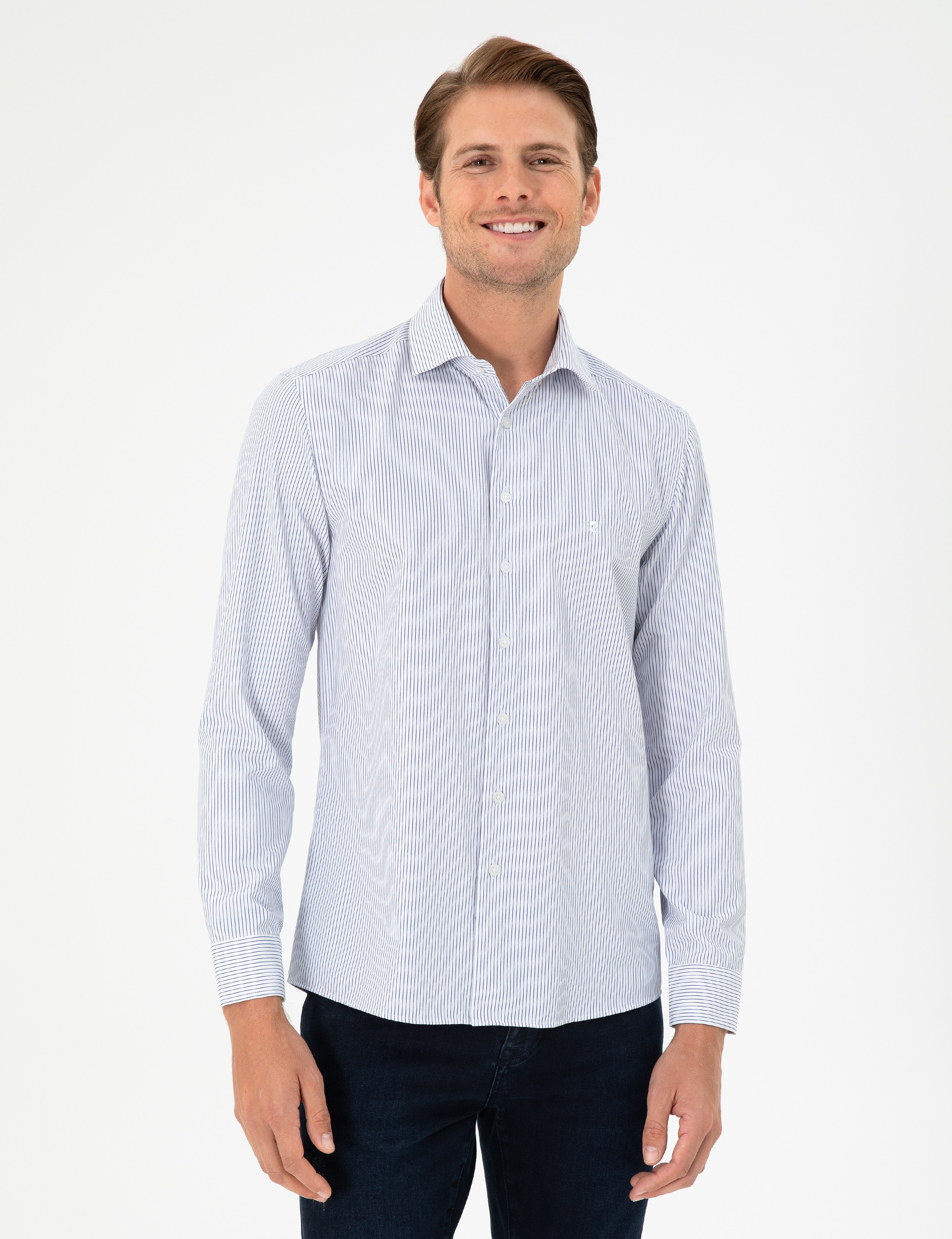Açık Mavi Çizgili Slim Fit Uzun Kollu Gömlek - Image 1