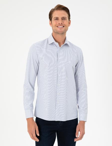 Açık Mavi Çizgili Slim Fit Uzun Kollu Gömlek - 50294159007