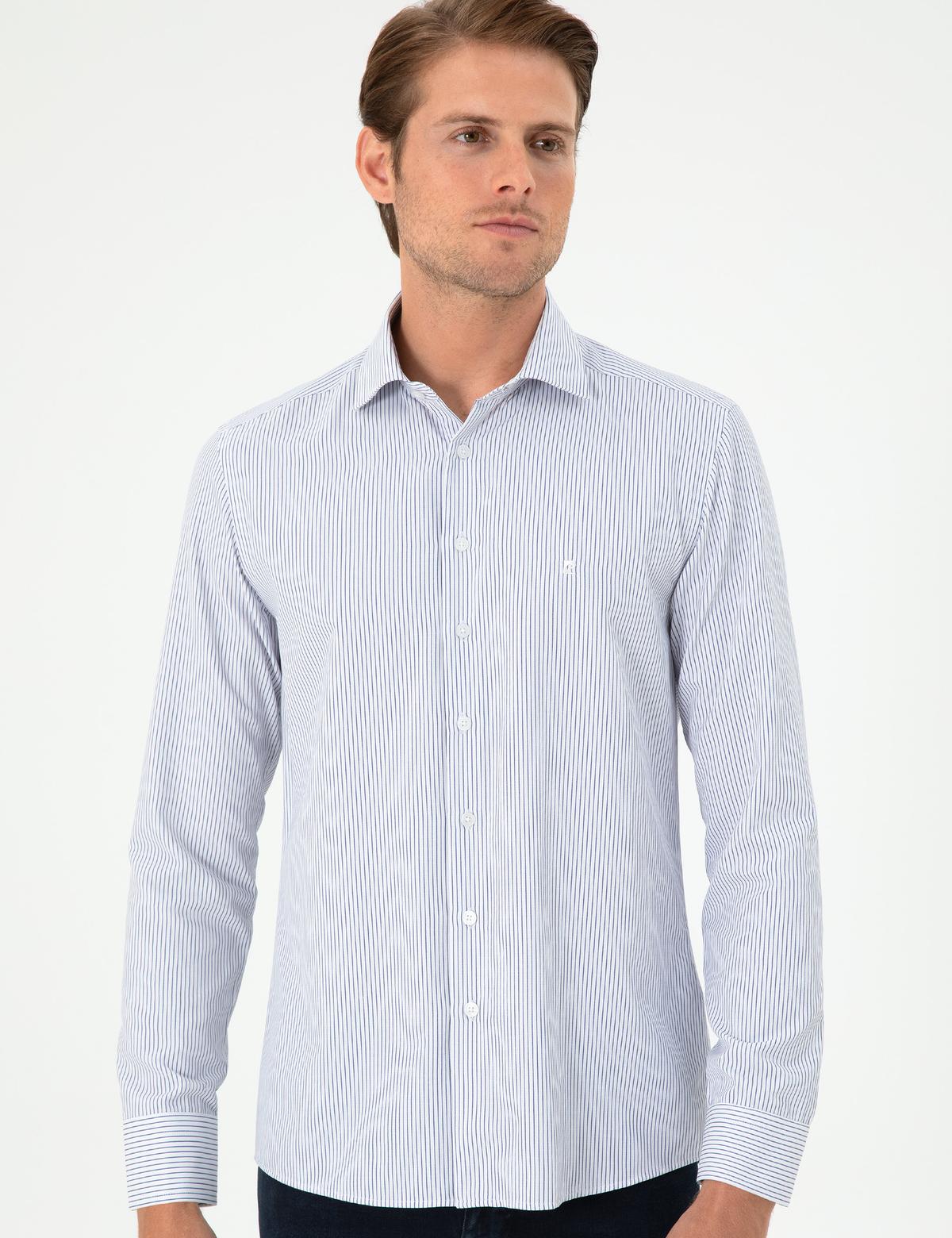 Açık Mavi Çizgili Slim Fit Uzun Kollu Gömlek - 50294159007