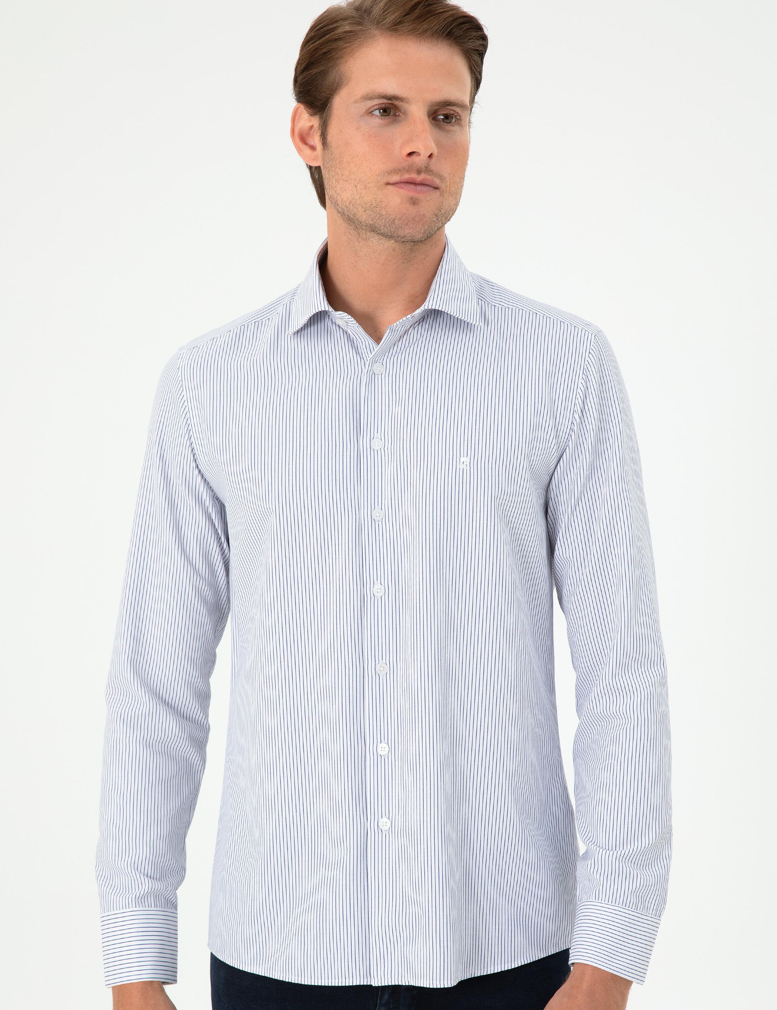 Açık Mavi Çizgili Slim Fit Uzun Kollu Gömlek