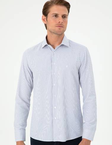Açık Mavi Çizgili Slim Fit Uzun Kollu Gömlek
