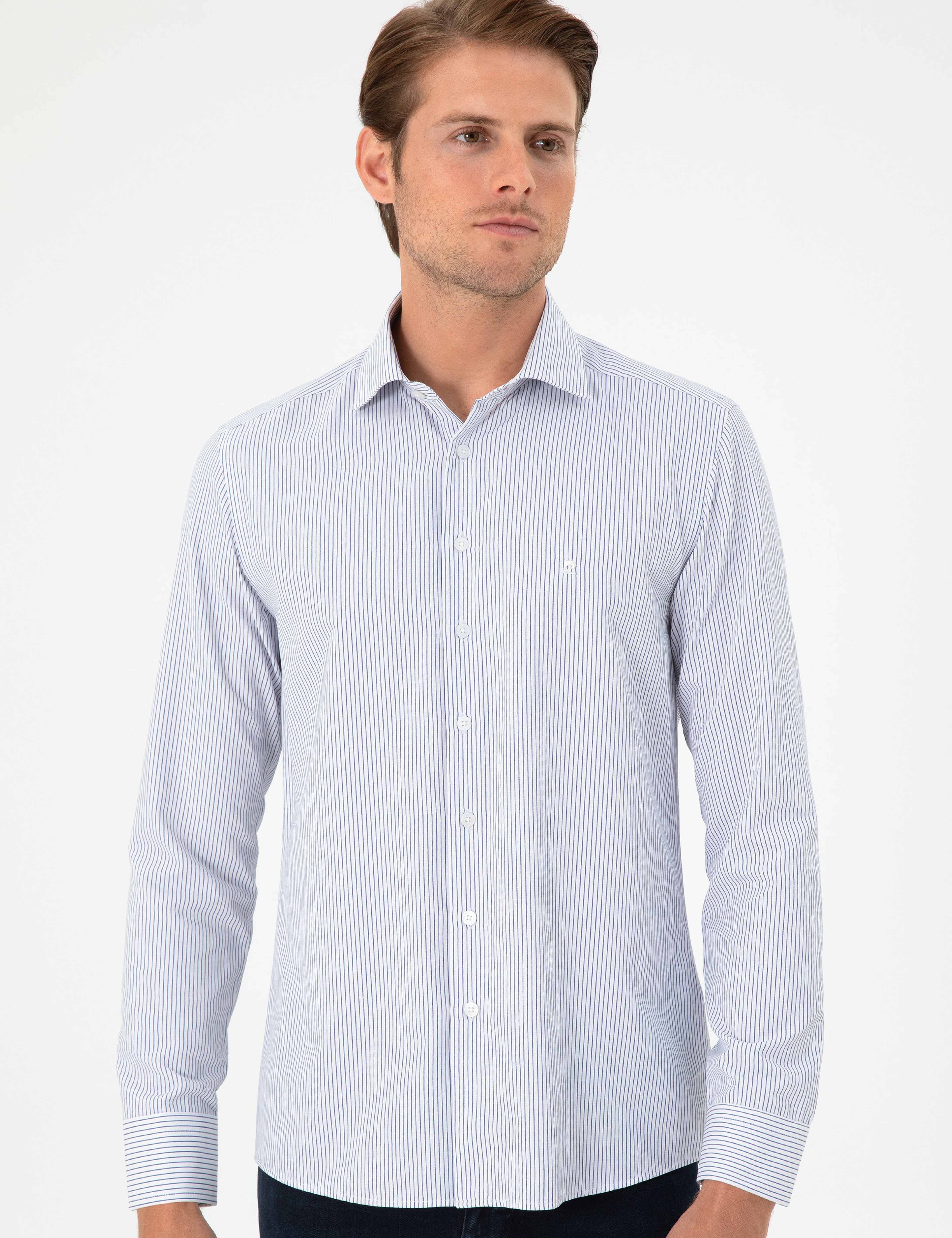Açık Mavi Çizgili Slim Fit Uzun Kollu Gömlek - Image 3