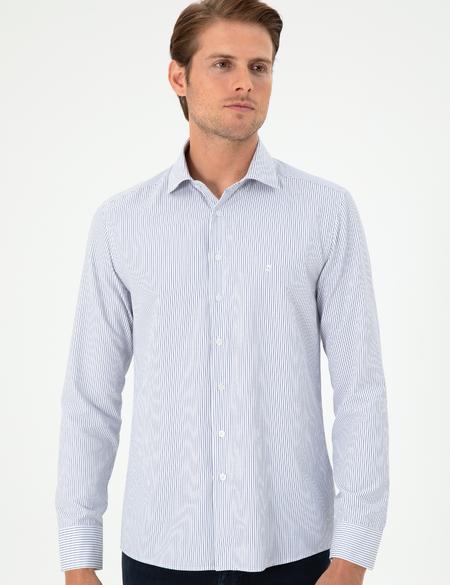 Açık Mavi Çizgili Slim Fit Uzun Kollu Gömlek - 50294159007