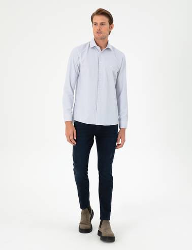 Açık Mavi Çizgili Slim Fit Uzun Kollu Gömlek