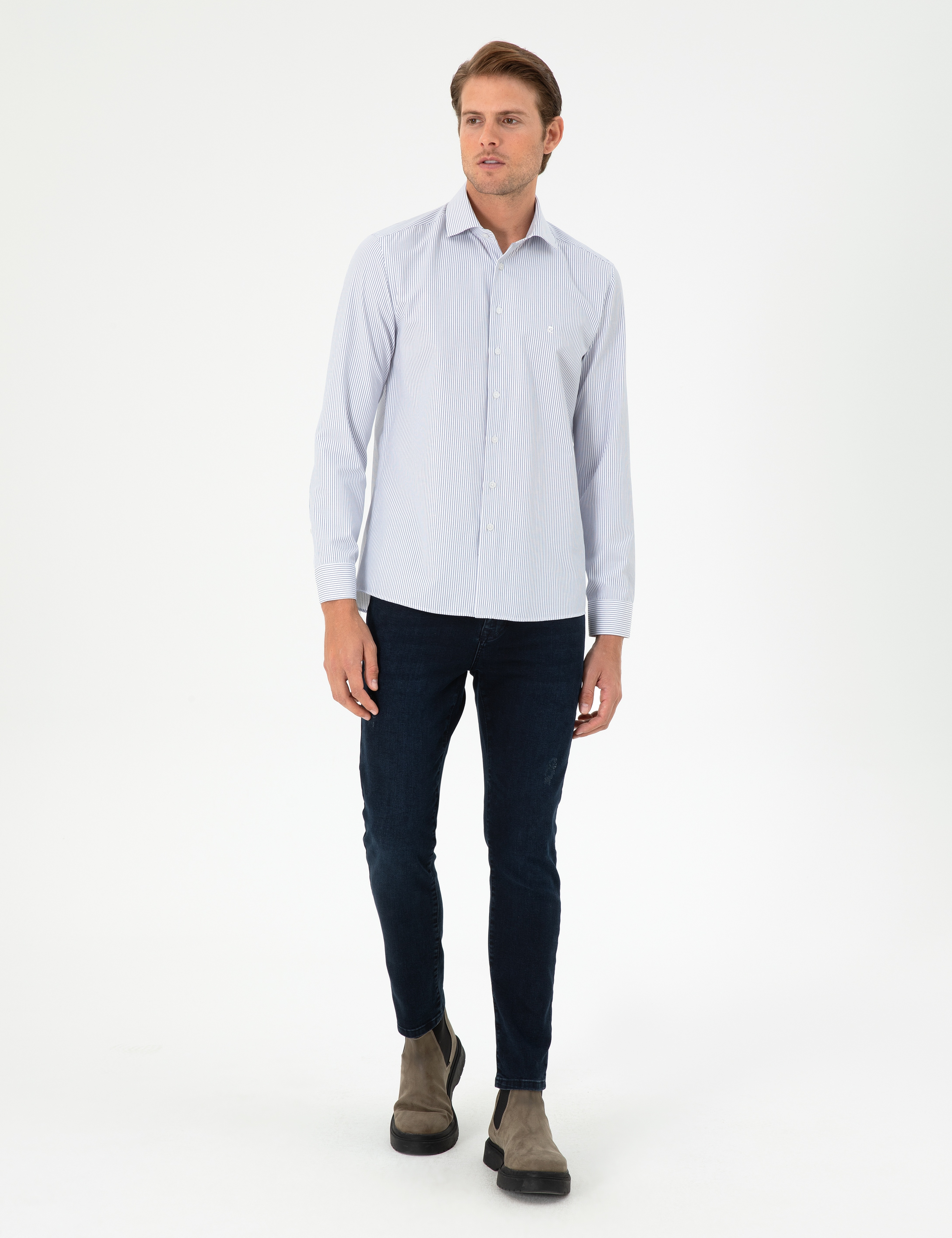 Açık Mavi Çizgili Slim Fit Uzun Kollu Gömlek - Image 4