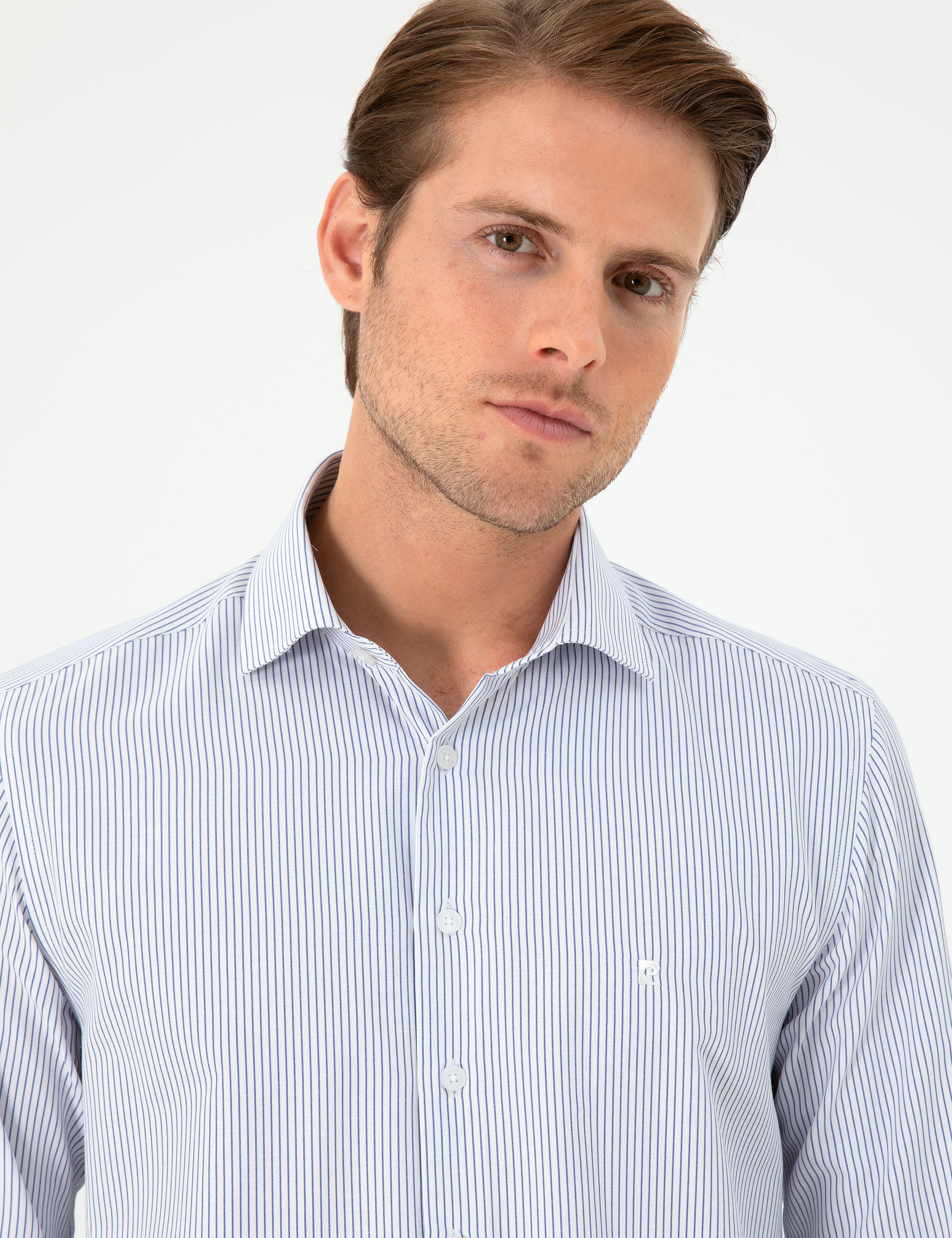 Açık Mavi Çizgili Slim Fit Uzun Kollu Gömlek - Image 2