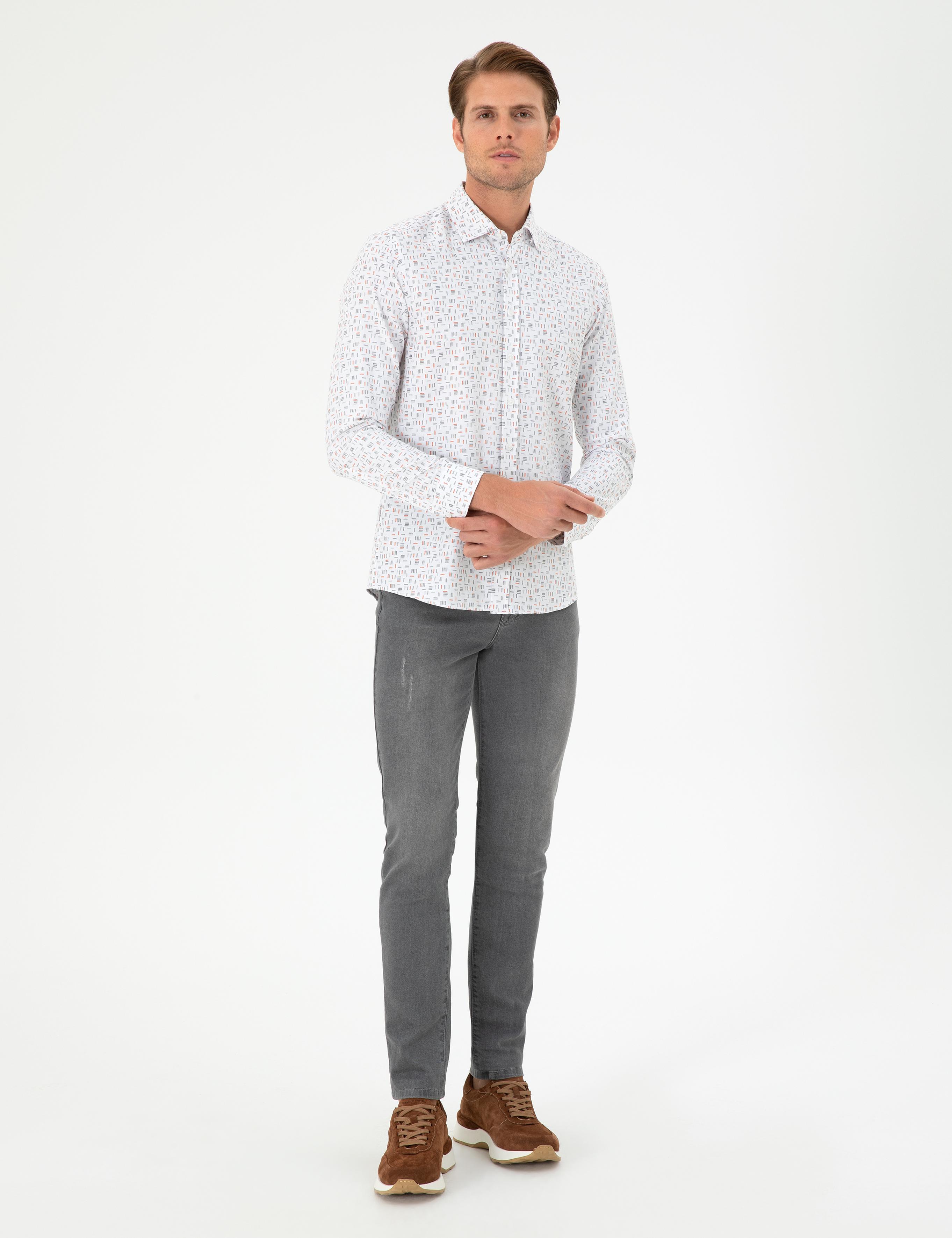 Turuncu Slim Fit Uzun Kollu Gömlek