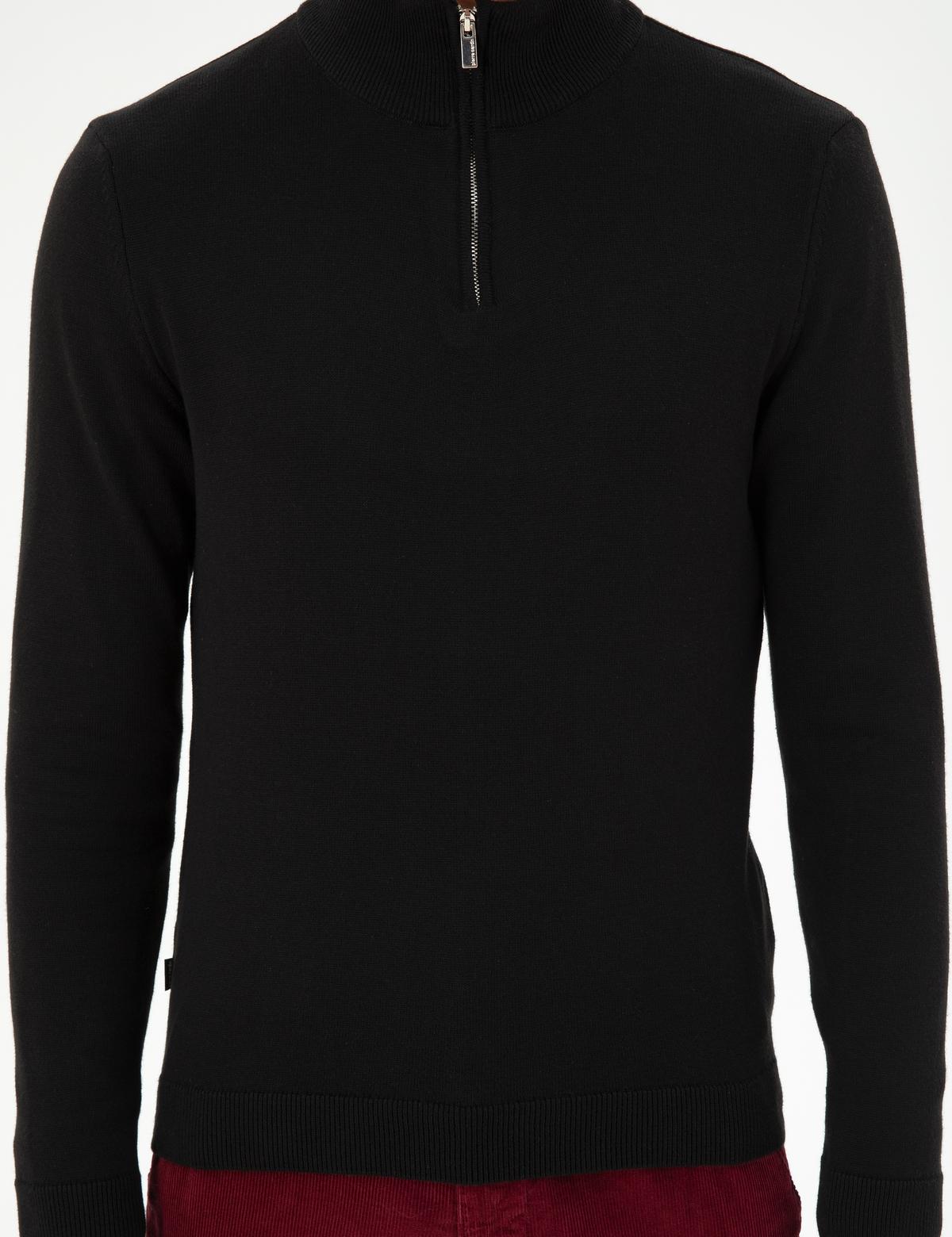 Siyah Slim Fit Fermuarlı Dik Yaka Triko Kazak - 50300509017