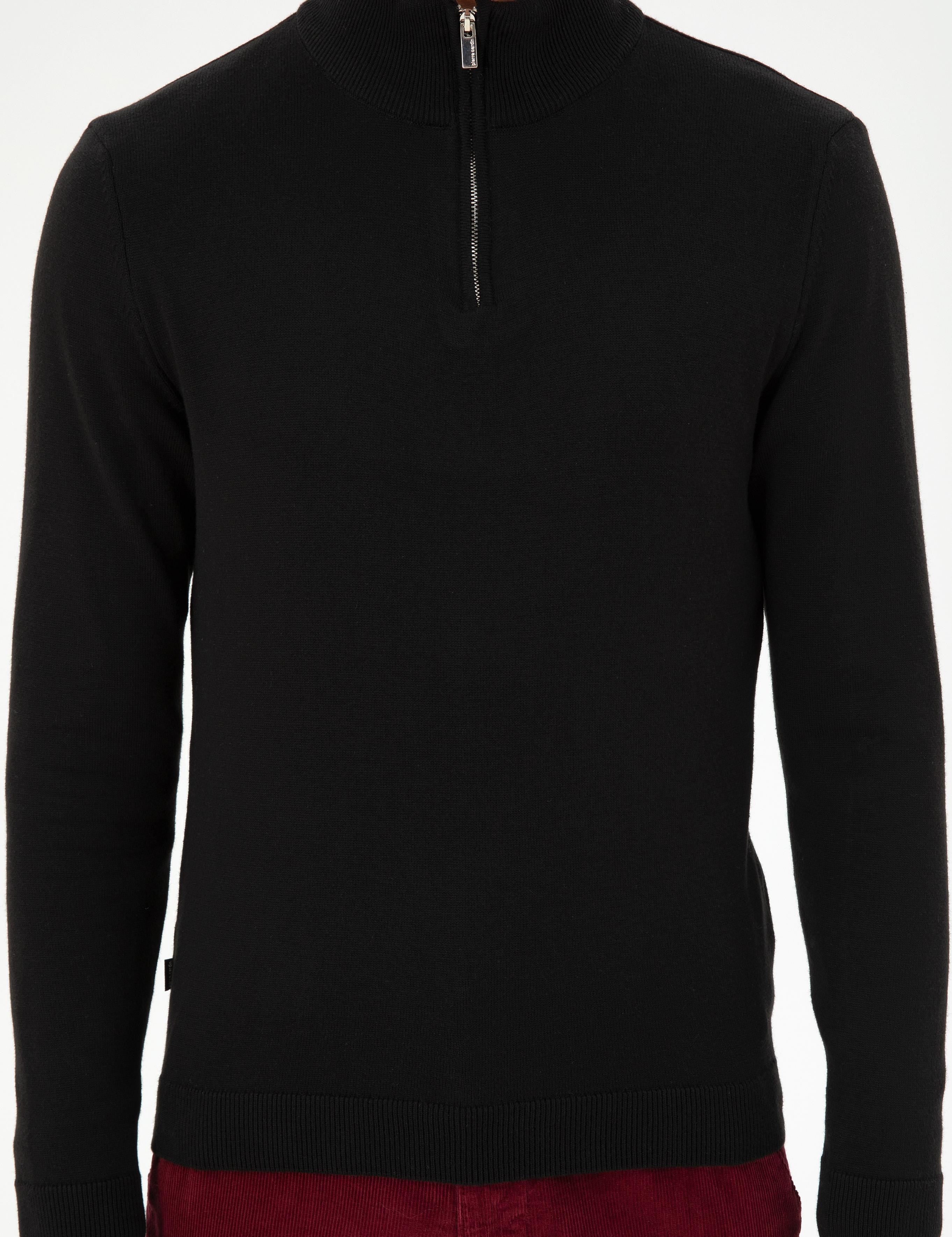 Siyah Slim Fit Fermuarlı Dik Yaka Triko Kazak