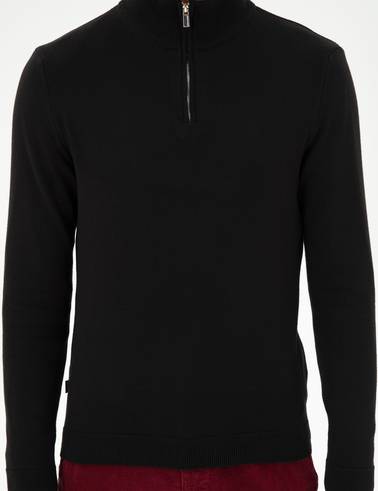 Siyah Slim Fit Fermuarlı Dik Yaka Triko Kazak