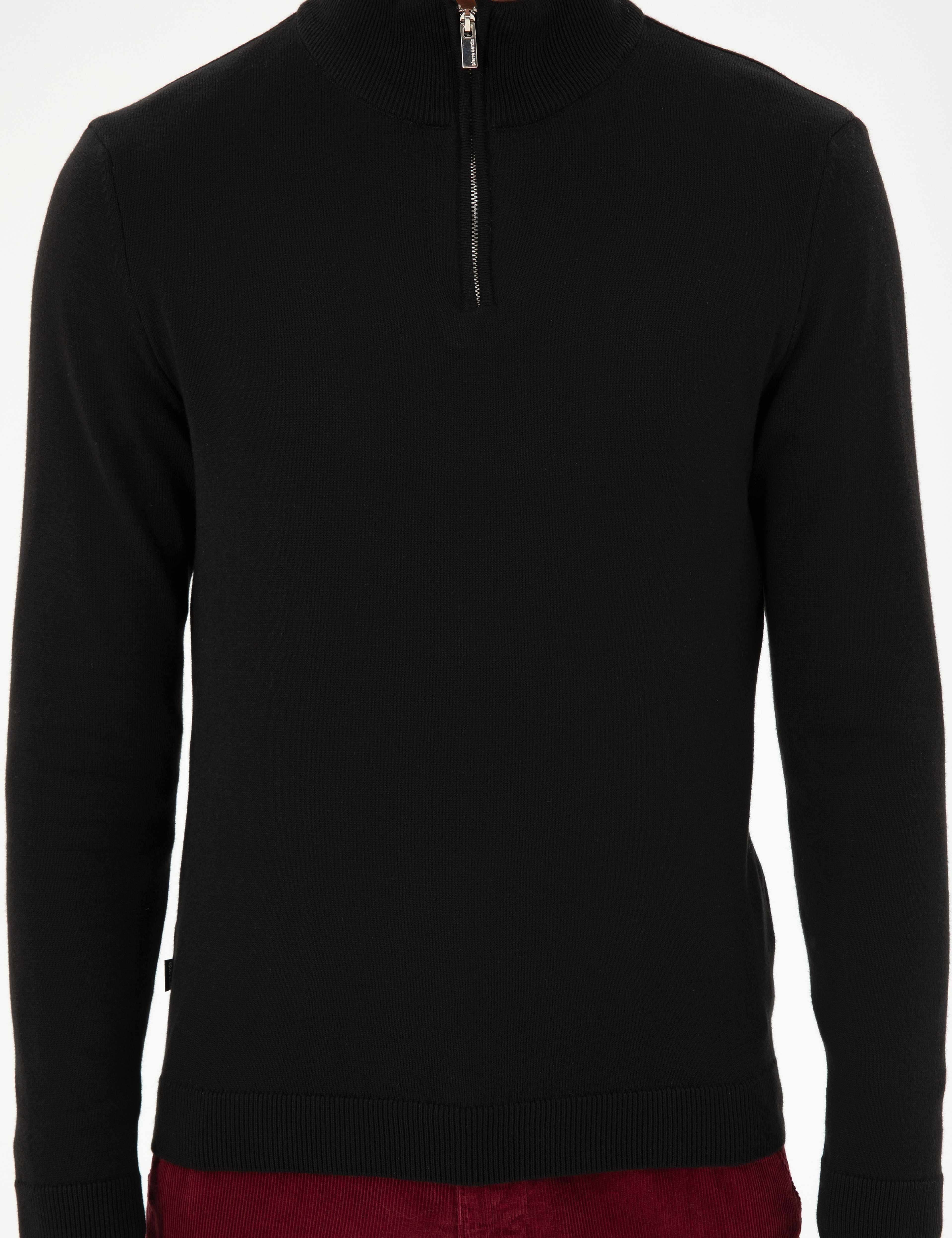 Siyah Slim Fit Fermuarlı Dik Yaka Triko Kazak
