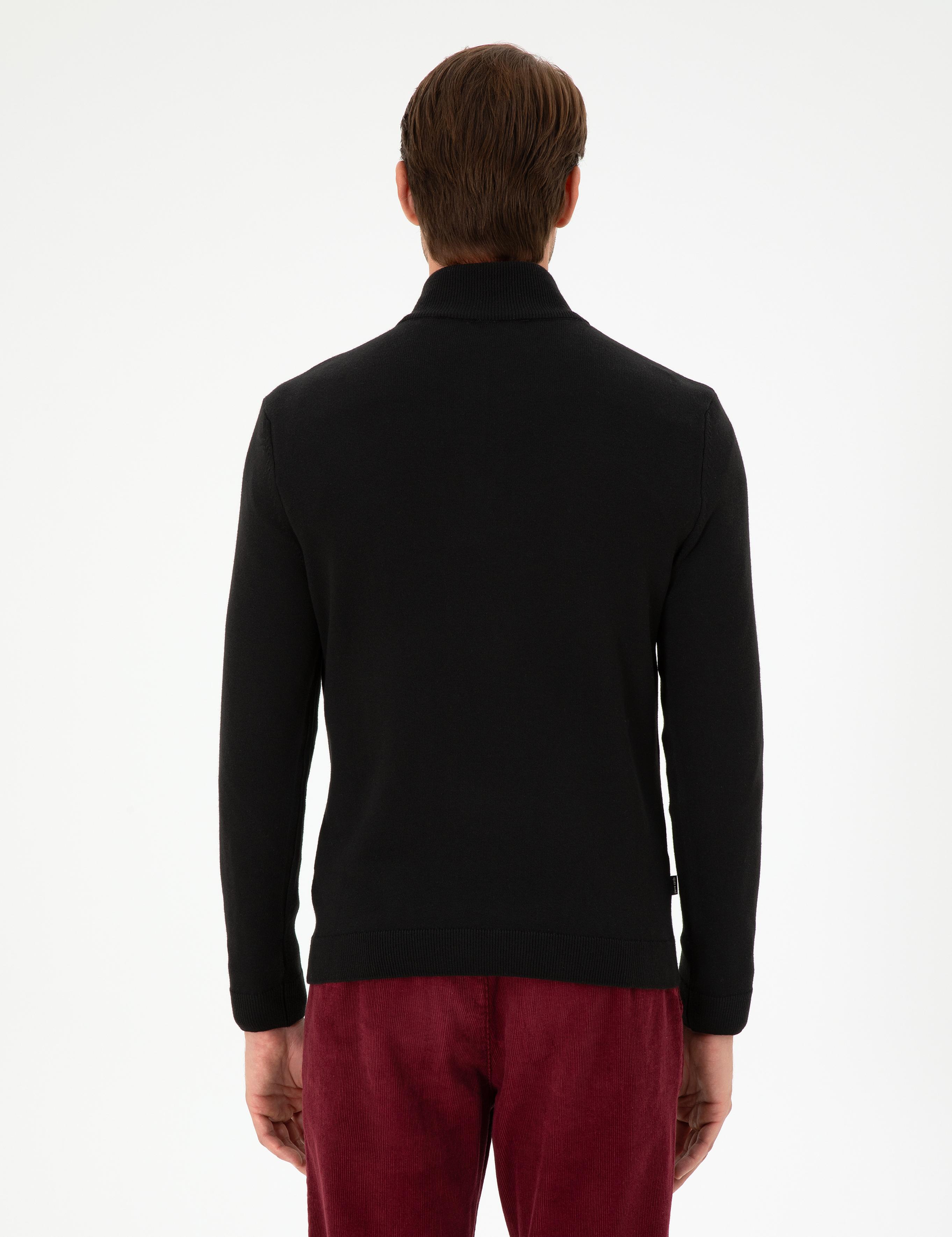 Siyah Slim Fit Fermuarlı Dik Yaka Triko Kazak
