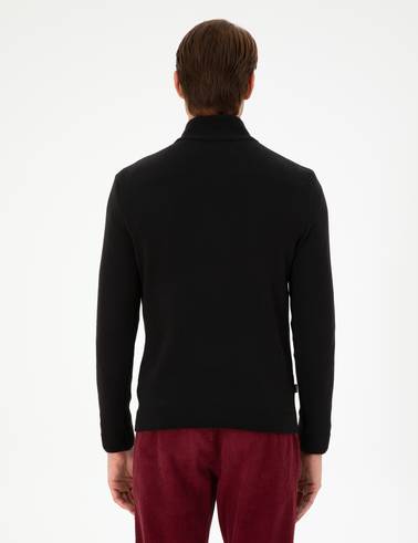 Siyah Slim Fit Fermuarlı Dik Yaka Triko Kazak
