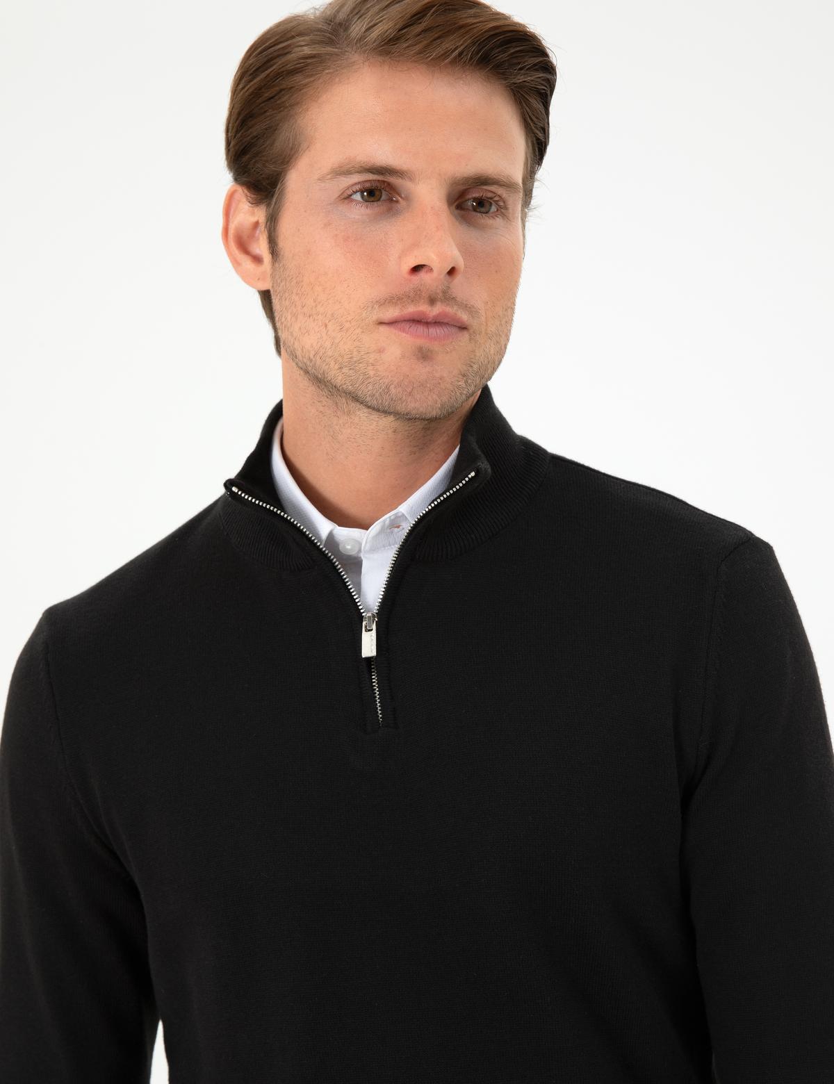 Siyah Slim Fit Fermuarlı Dik Yaka Triko Kazak - 50300509017