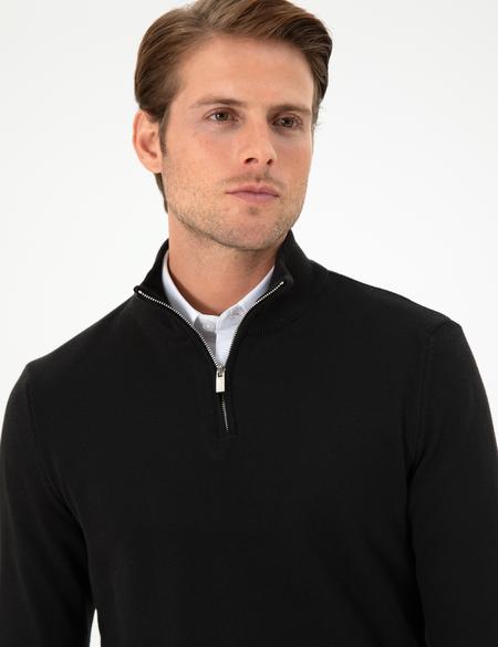 Siyah Slim Fit Fermuarlı Dik Yaka Triko Kazak - 50300509017