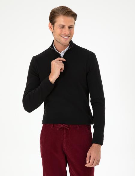Siyah Slim Fit Fermuarlı Dik Yaka Triko Kazak - 50300509017
