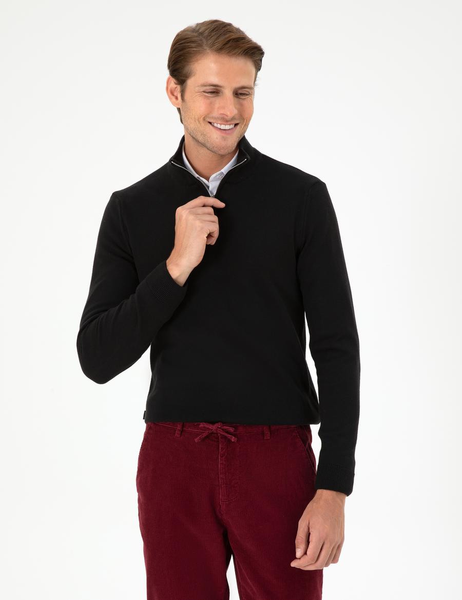 Siyah Slim Fit Fermuarlı Dik Yaka Triko Kazak