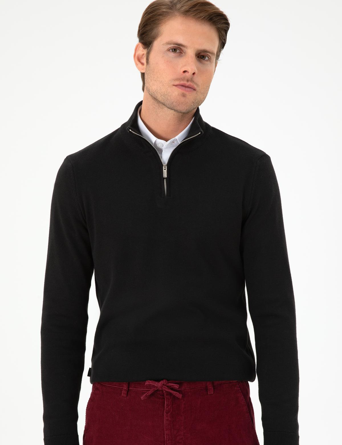 Siyah Slim Fit Fermuarlı Dik Yaka Triko Kazak - 50300509017