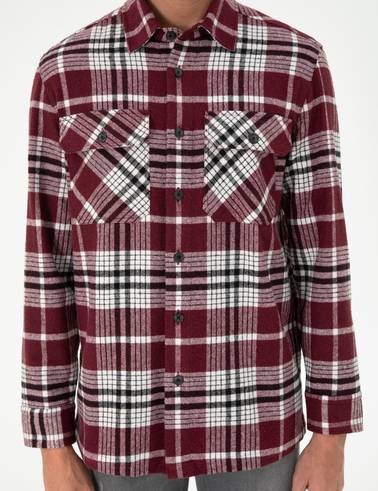Bordo Klasik Yaka Oduncu Çift Cepli Oversize Gömlek Ceket
