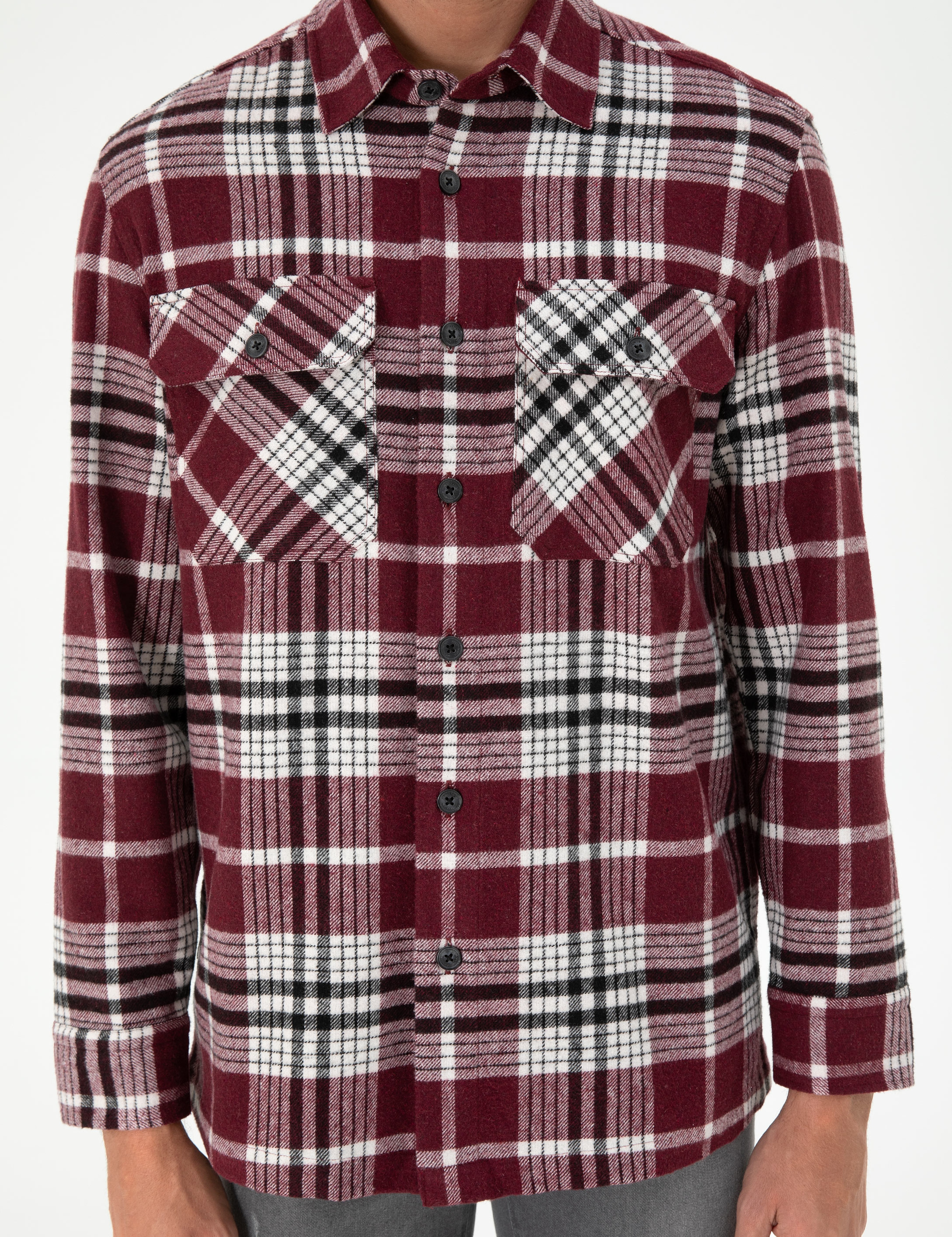 Bordo Klasik Yaka Oduncu Çift Cepli Oversize Gömlek Ceket - Image 6