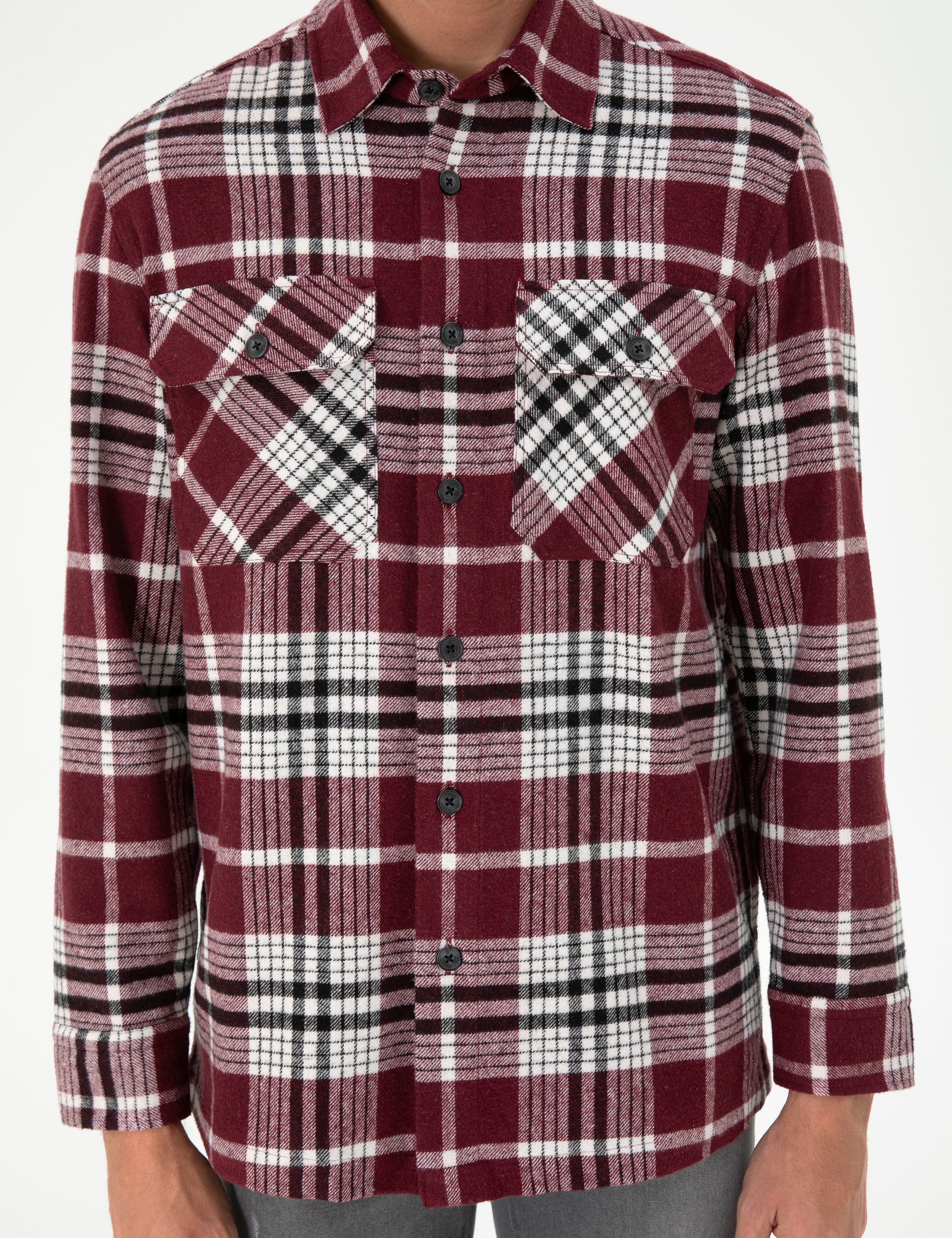 Bordo Klasik Yaka Oduncu Çift Cepli Oversize Gömlek Ceket