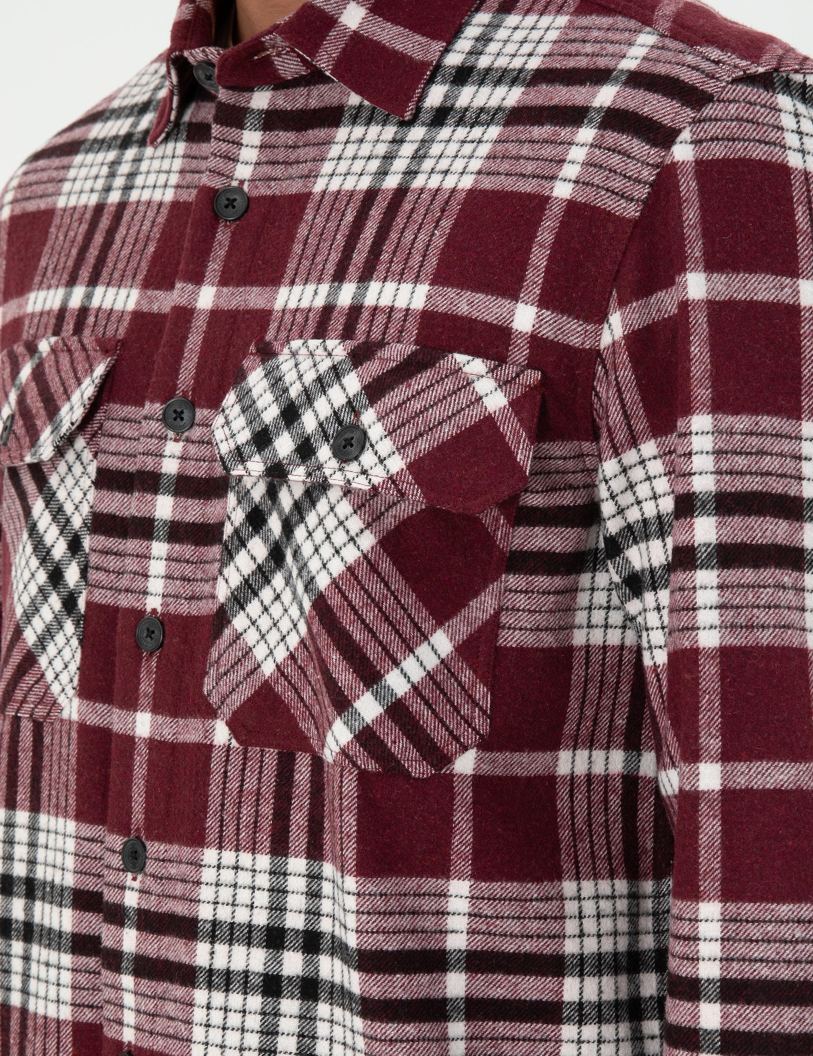 Bordo Klasik Yaka Oduncu Çift Cepli Oversize Gömlek Ceket