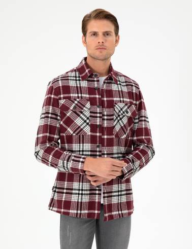 Bordo Klasik Yaka Oduncu Çift Cepli Oversize Gömlek Ceket