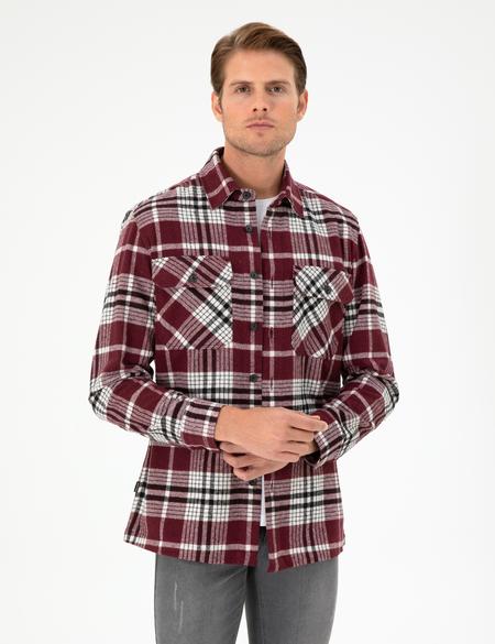 Bordo Klasik Yaka Oduncu Çift Cepli Oversize Gömlek Ceket - 50292191008