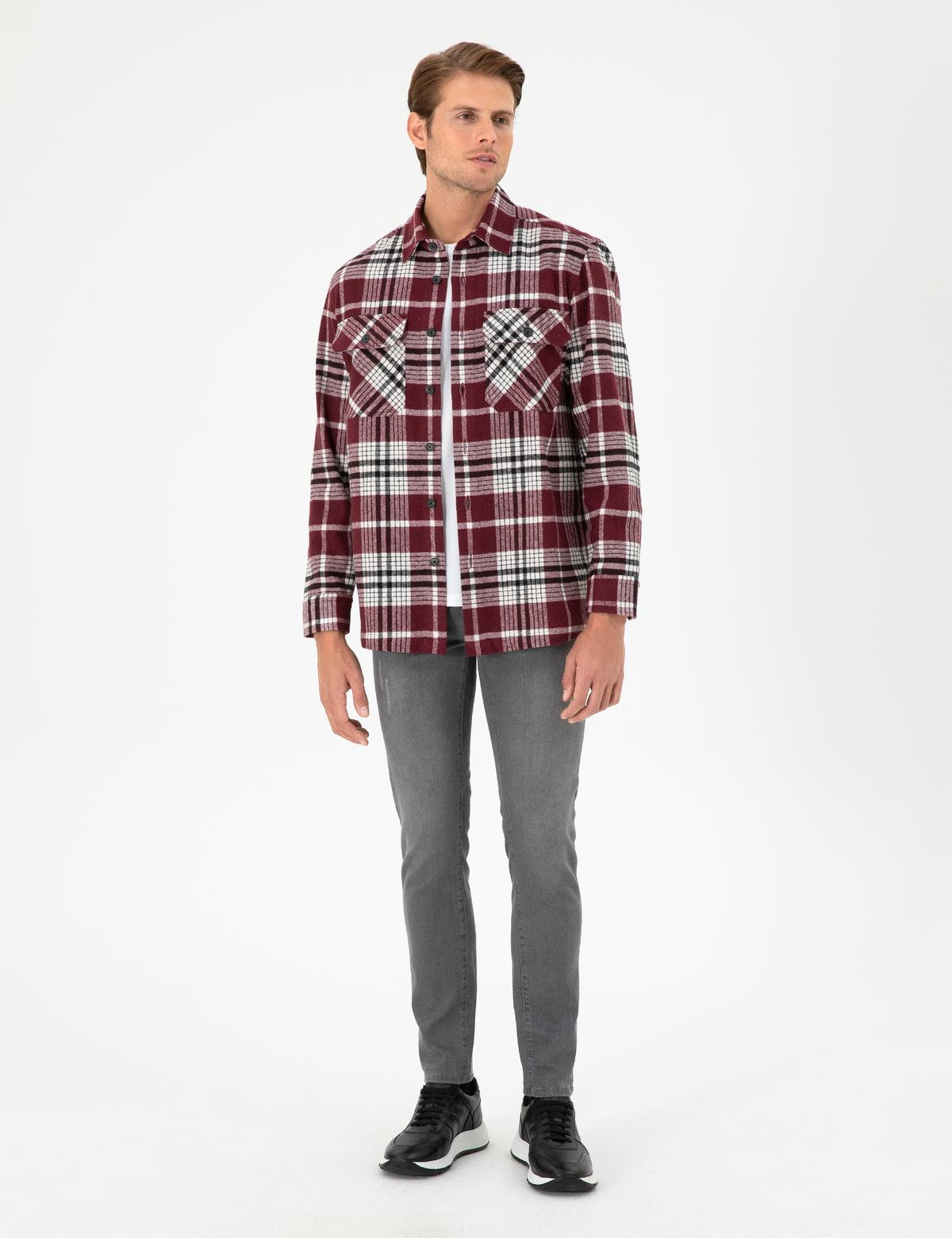 Bordo Klasik Yaka Oduncu Çift Cepli Oversize Gömlek Ceket - 50292191008