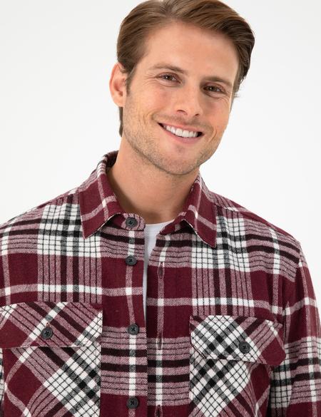 Bordo Klasik Yaka Oduncu Çift Cepli Oversize Gömlek Ceket - 50292191008