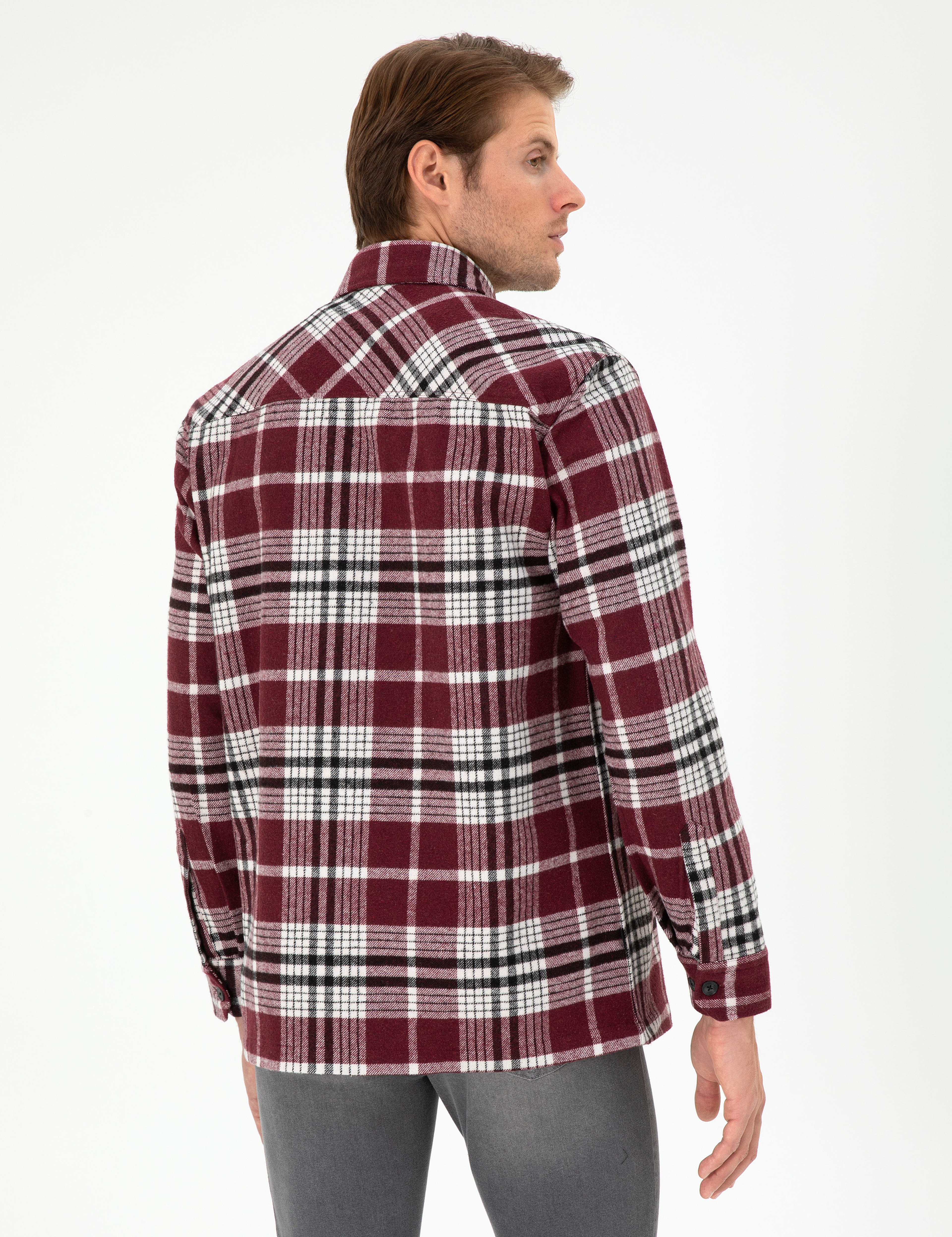 Bordo Klasik Yaka Oduncu Çift Cepli Oversize Gömlek Ceket - Image 5