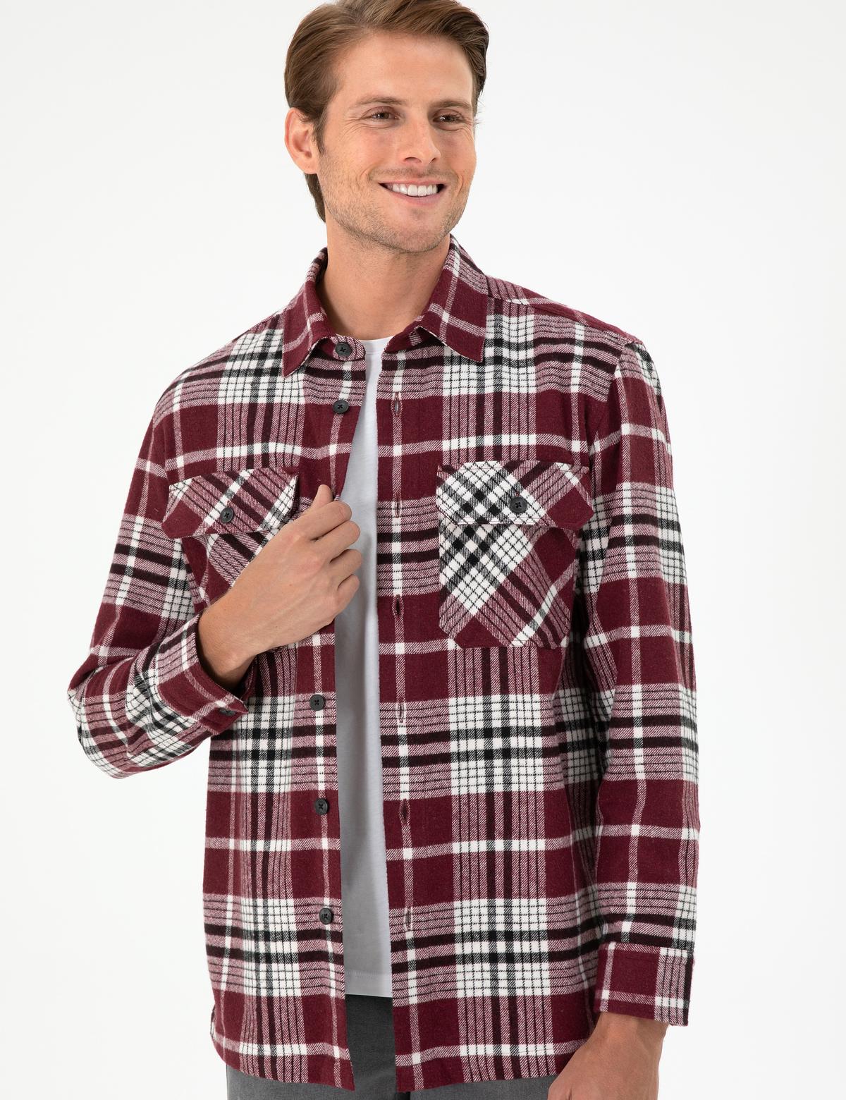 Bordo Klasik Yaka Oduncu Çift Cepli Oversize Gömlek Ceket - 50292191008