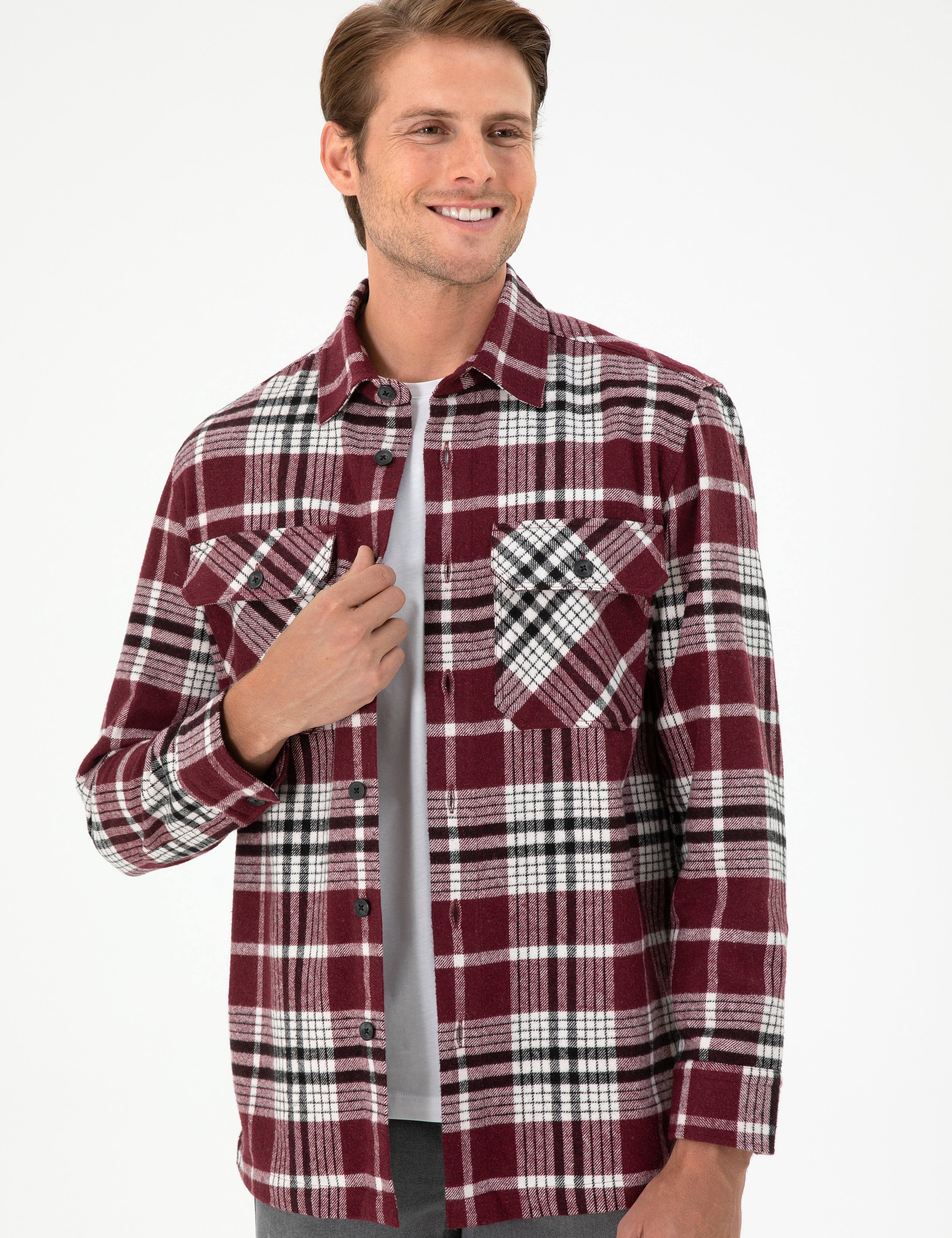 Bordo Klasik Yaka Oduncu Çift Cepli Oversize Gömlek Ceket